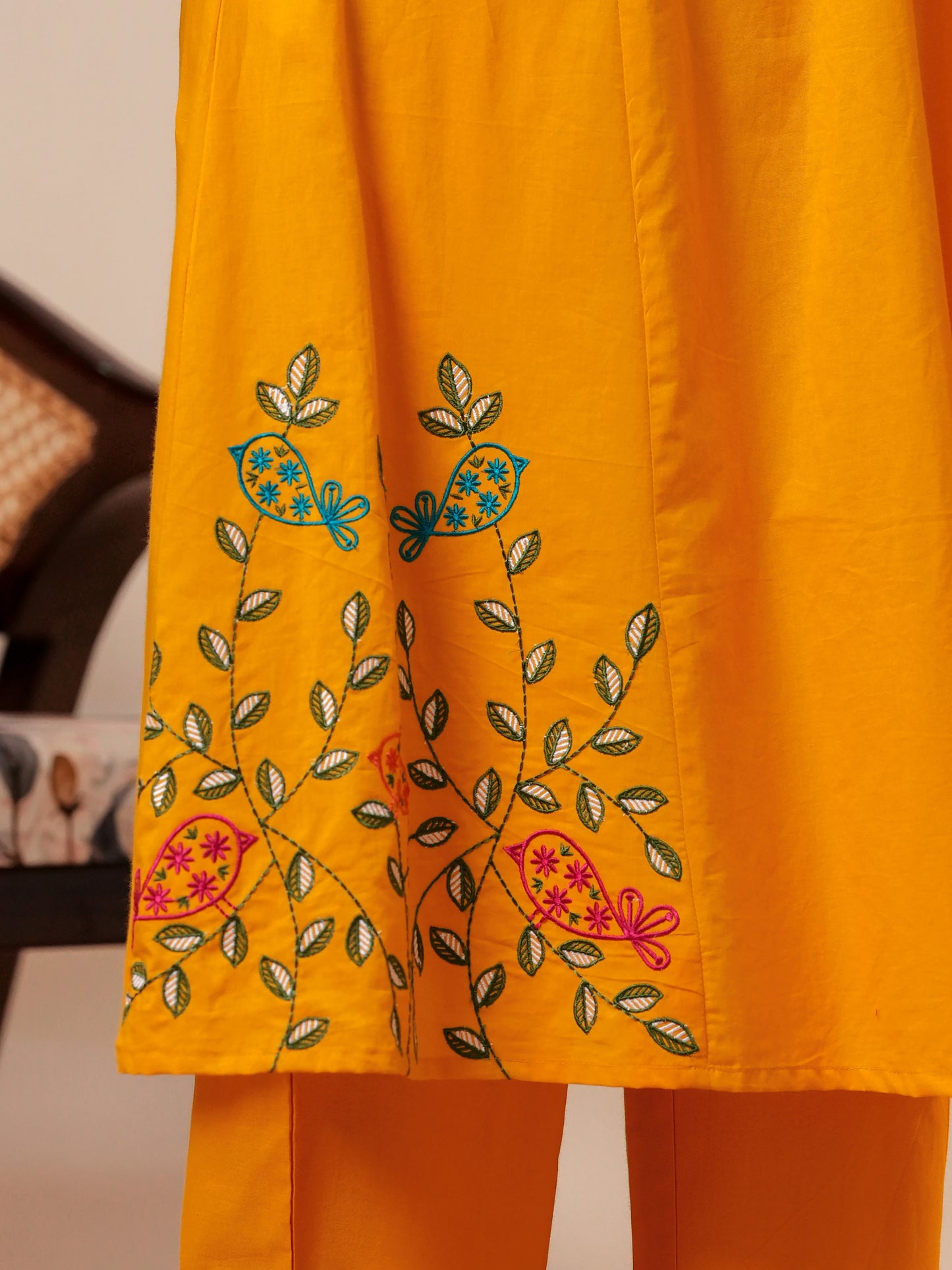 Embroidered Soft cotton Solid Flared Yellow Kurta