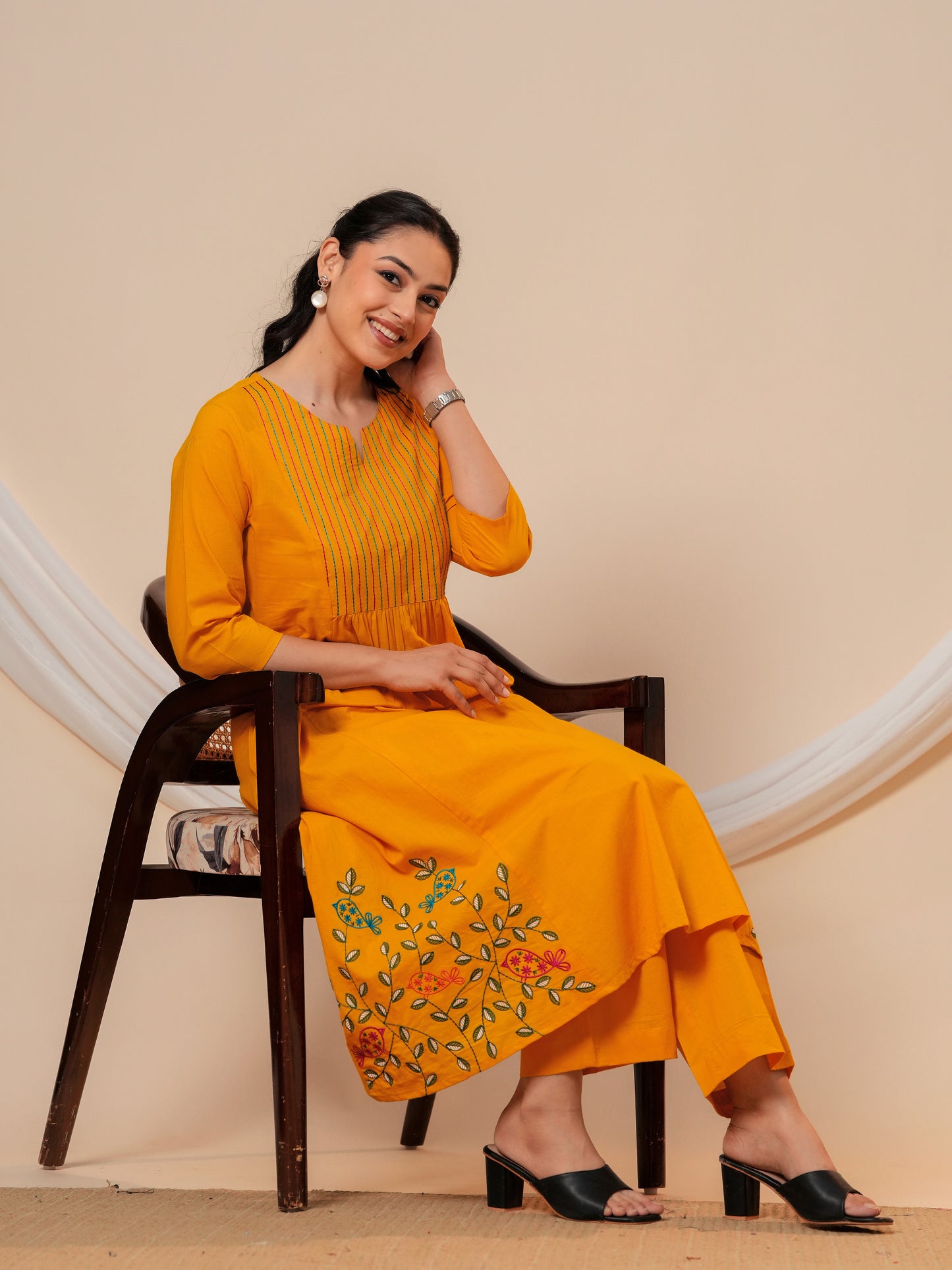 Embroidered Soft cotton Solid Flared Yellow Kurta
