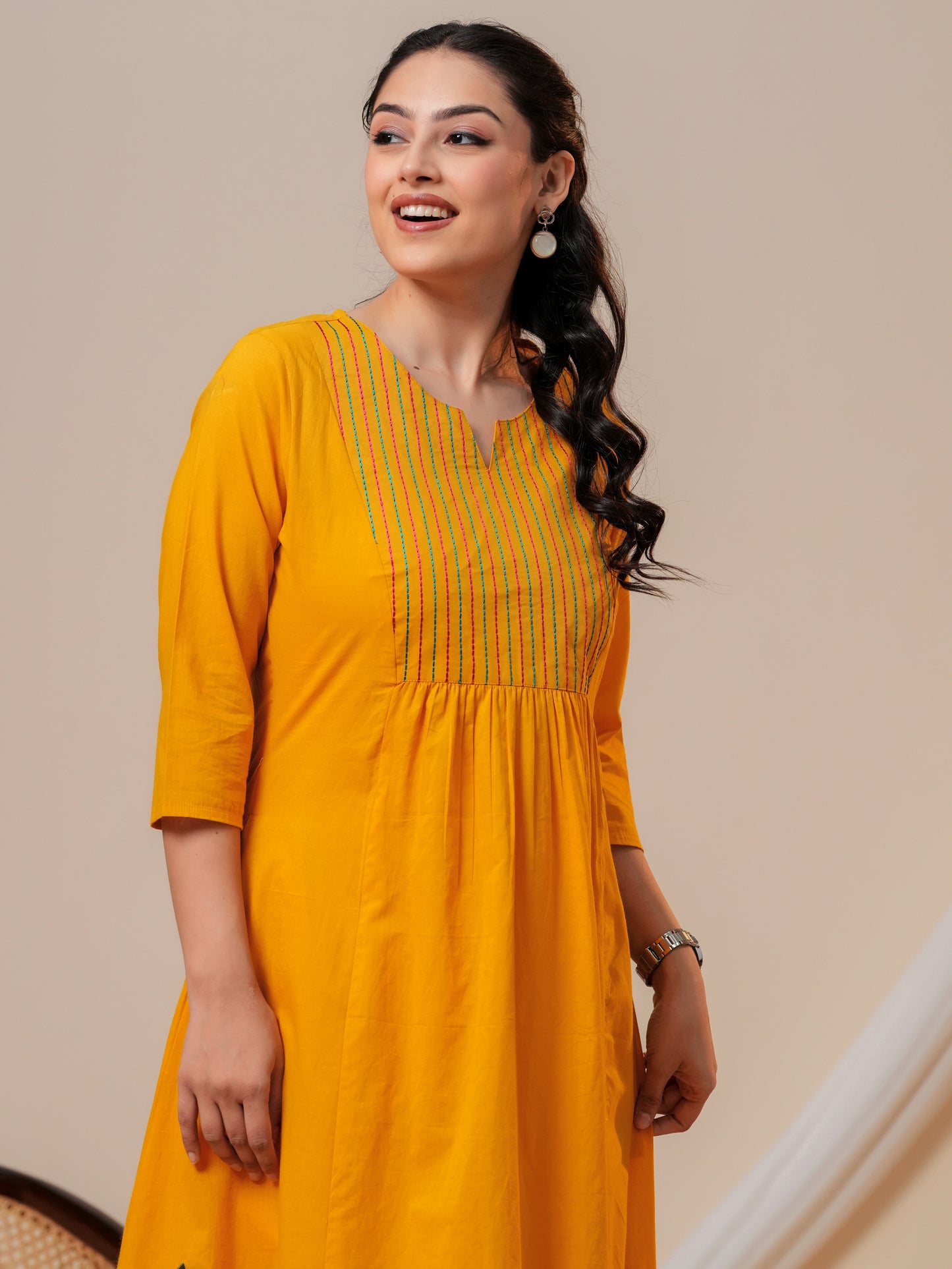 Embroidered Soft cotton Solid Flared Yellow Kurta