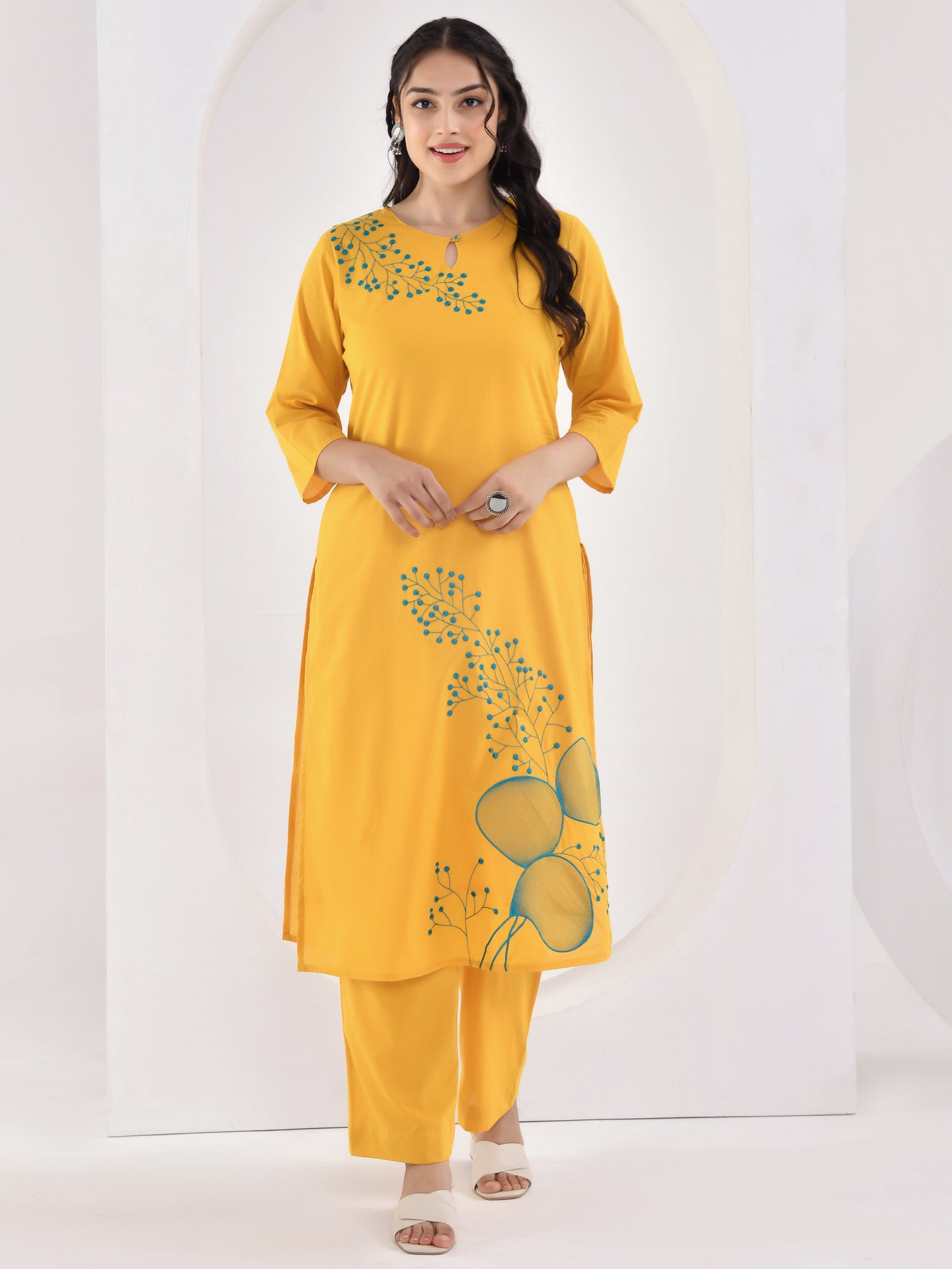 Embroidered Soft cotton Solid Straight Yellow Kurta