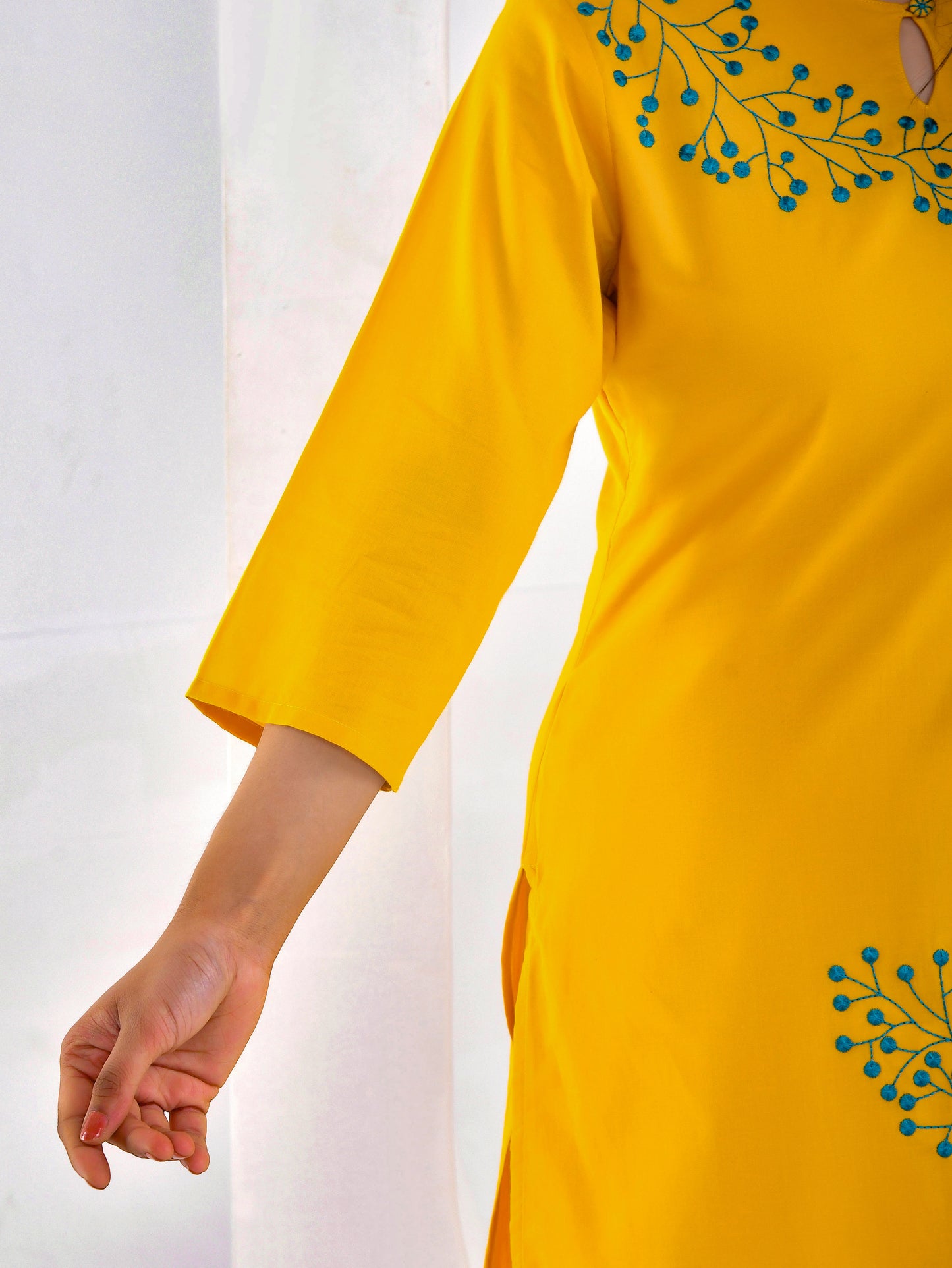 Embroidered Soft cotton Solid Straight Yellow Kurta