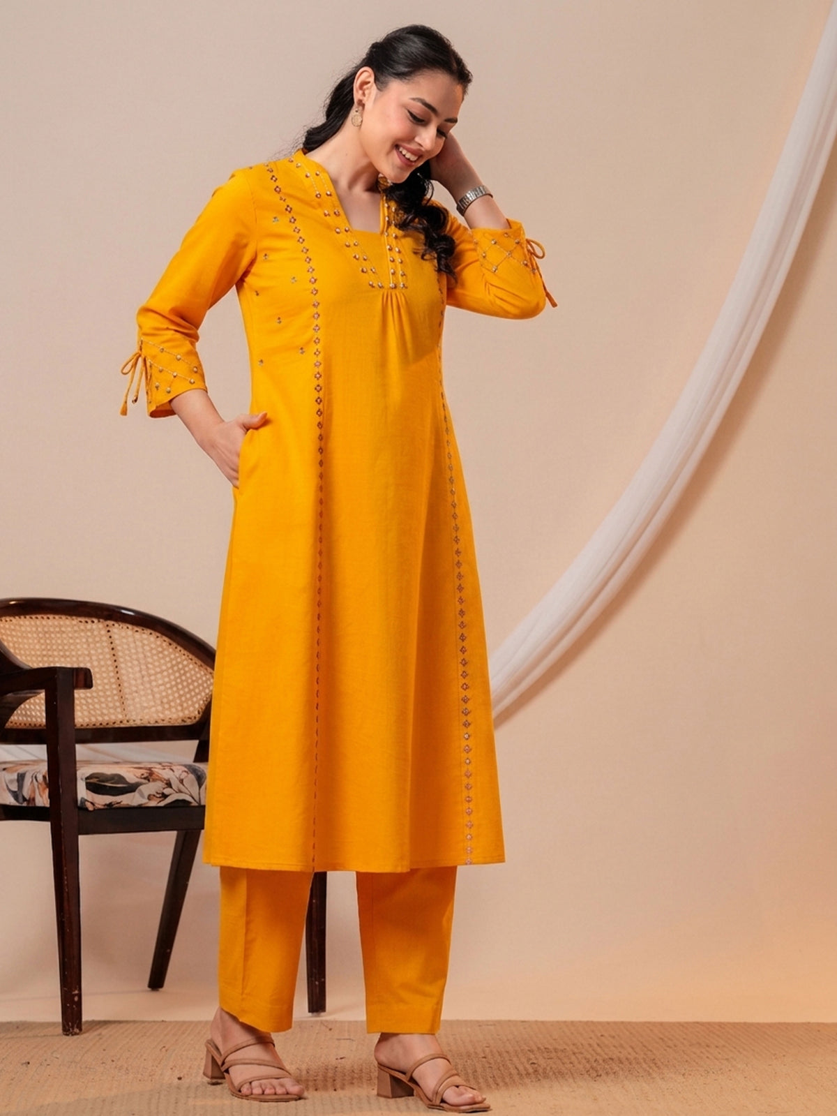 Embroidered Soft cotton Solid Flared Yellow Kurta