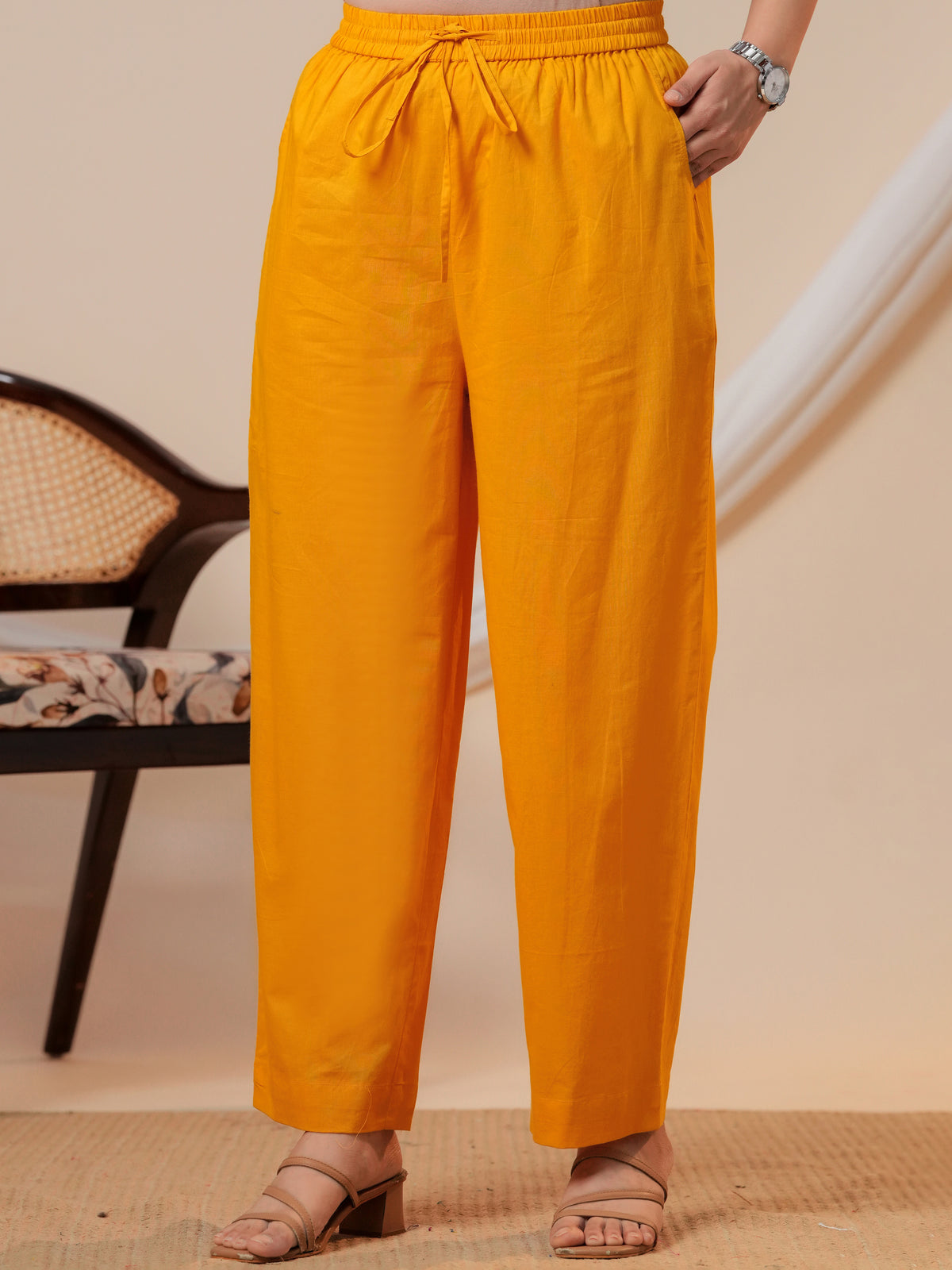 Embroidered Soft cotton Solid Flared Yellow Kurta