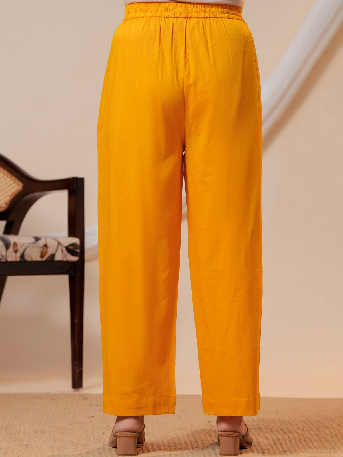 Embroidered Soft cotton Solid Flared Yellow Kurta