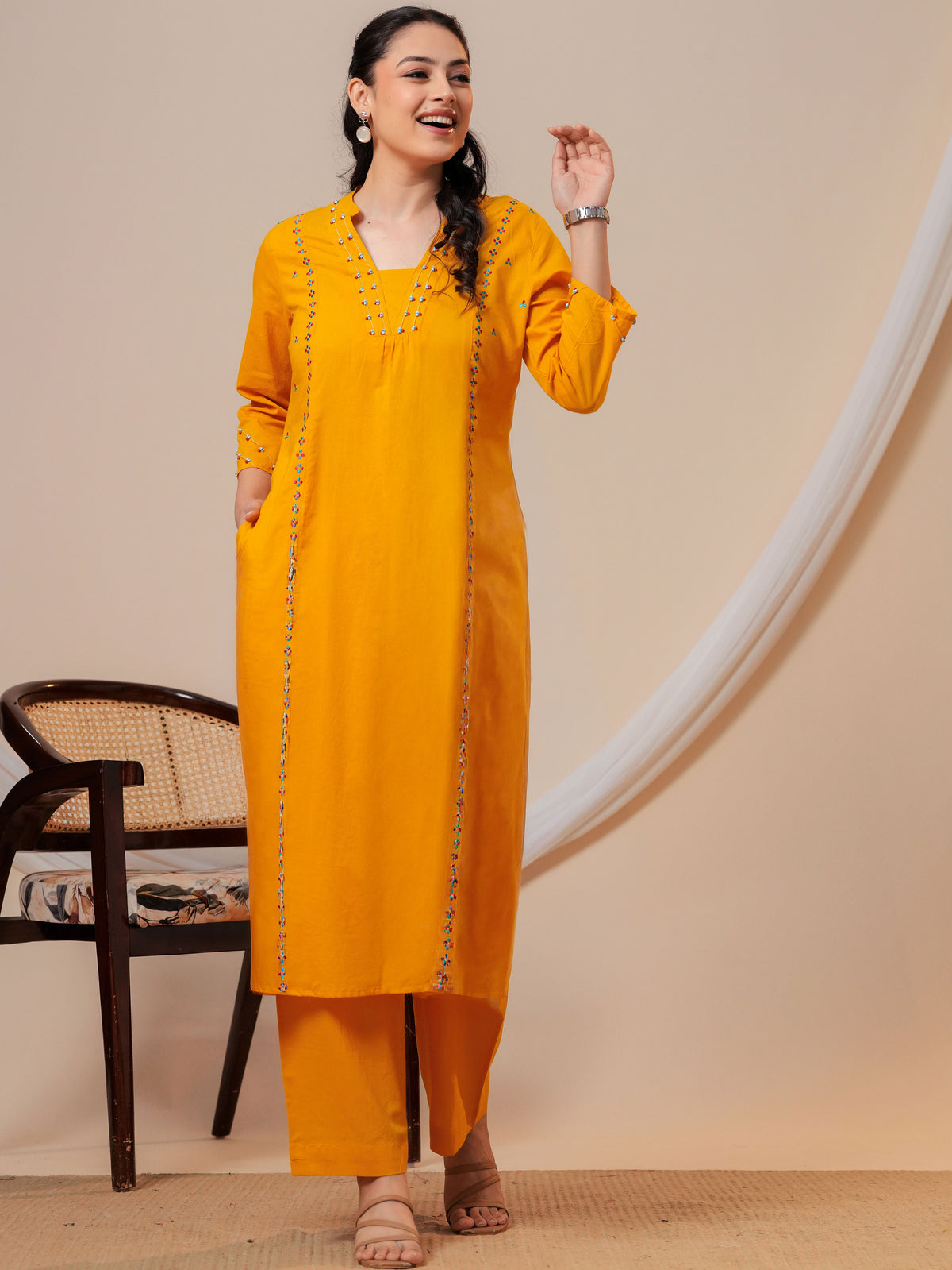 Embroidered Soft cotton Solid Flared Yellow Kurta