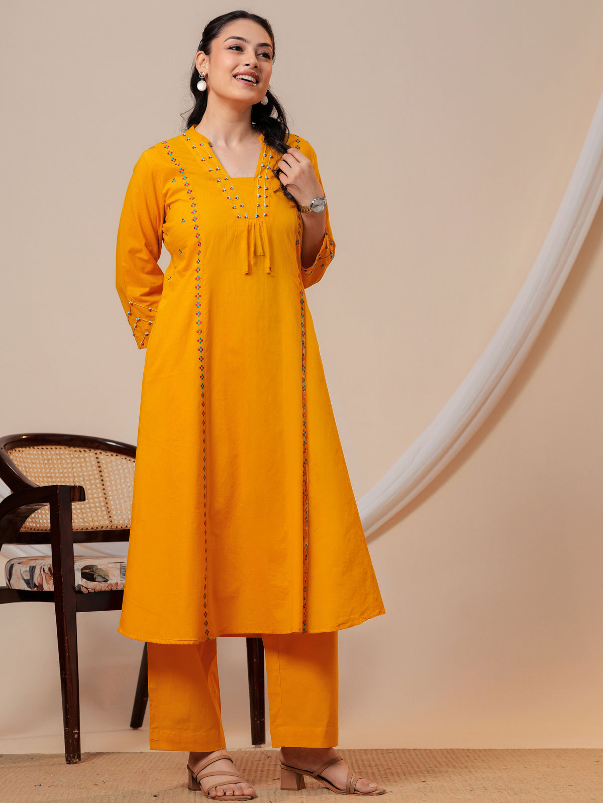Embroidered Soft cotton Solid Flared Yellow Kurta