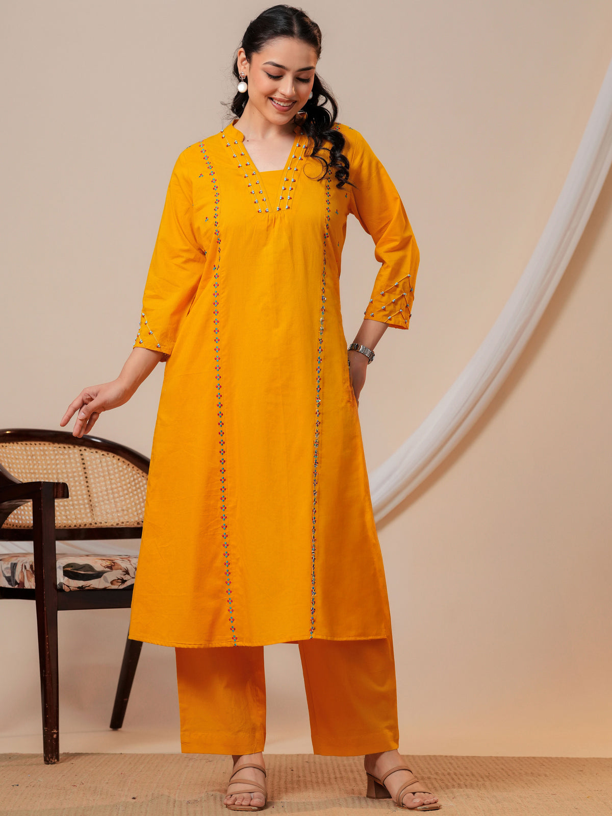 Embroidered Soft cotton Solid Flared Yellow Kurta