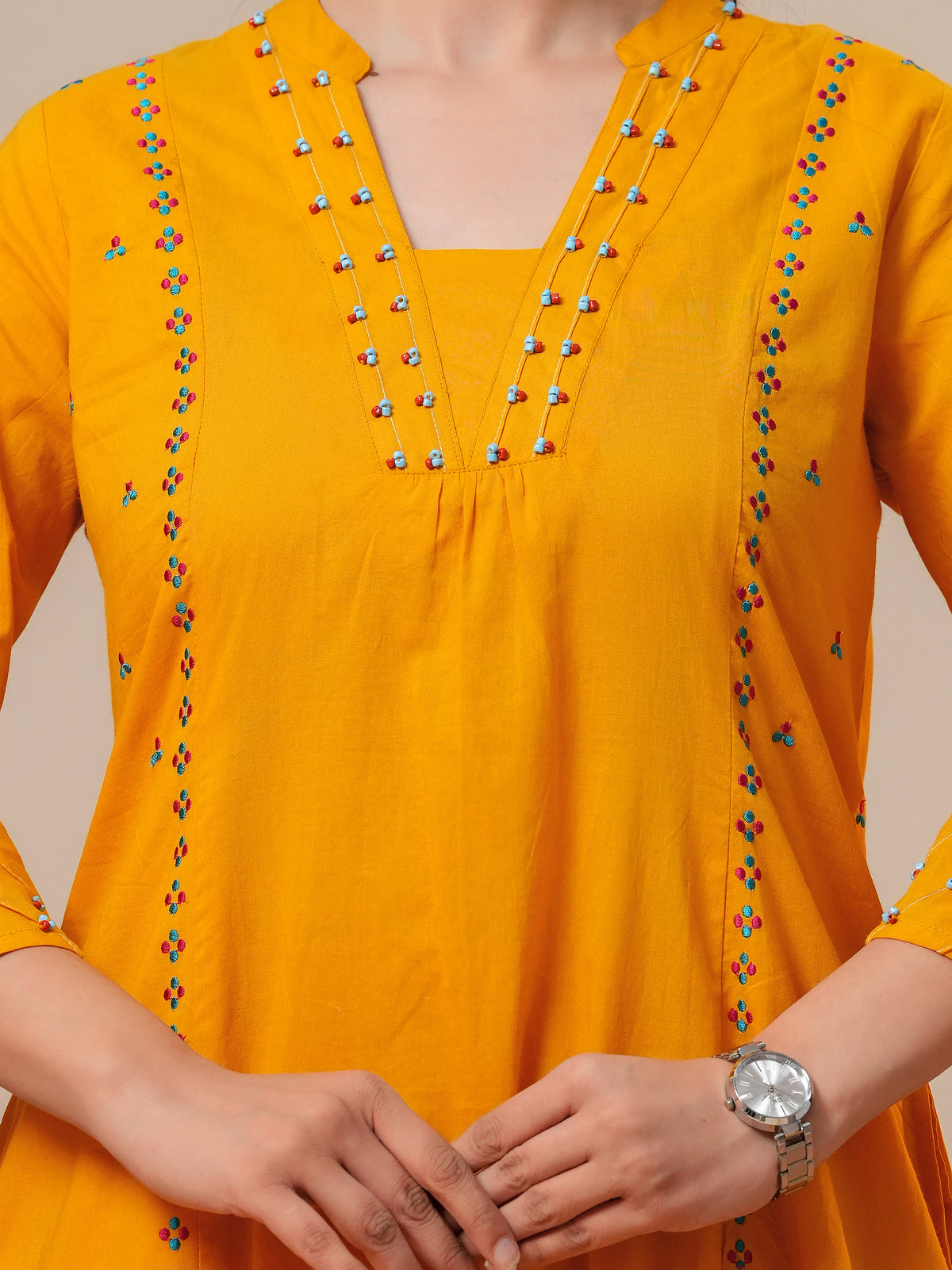 Embroidered Soft cotton Solid Flared Yellow Kurta