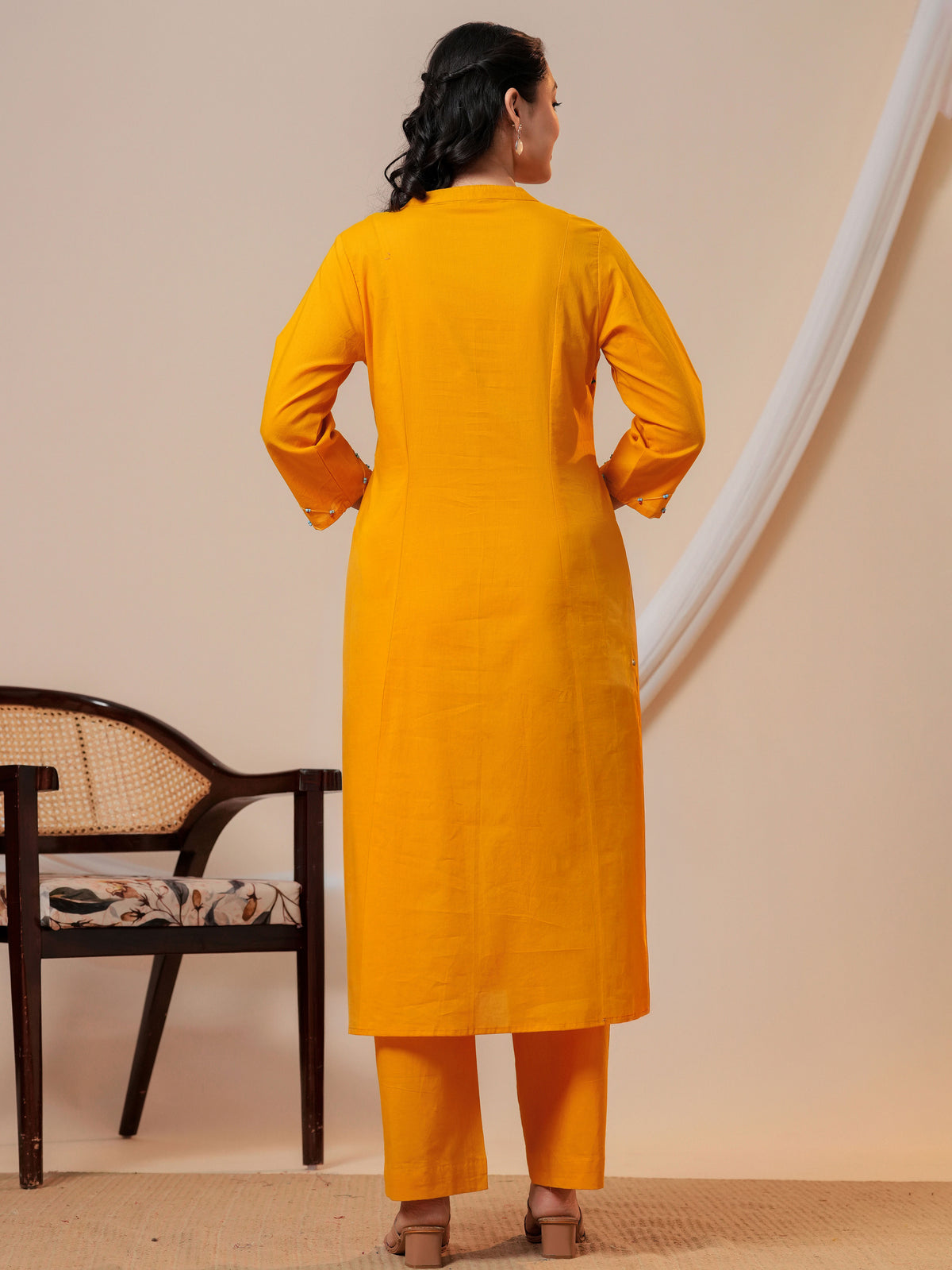 Embroidered Soft cotton Solid Flared Yellow Kurta