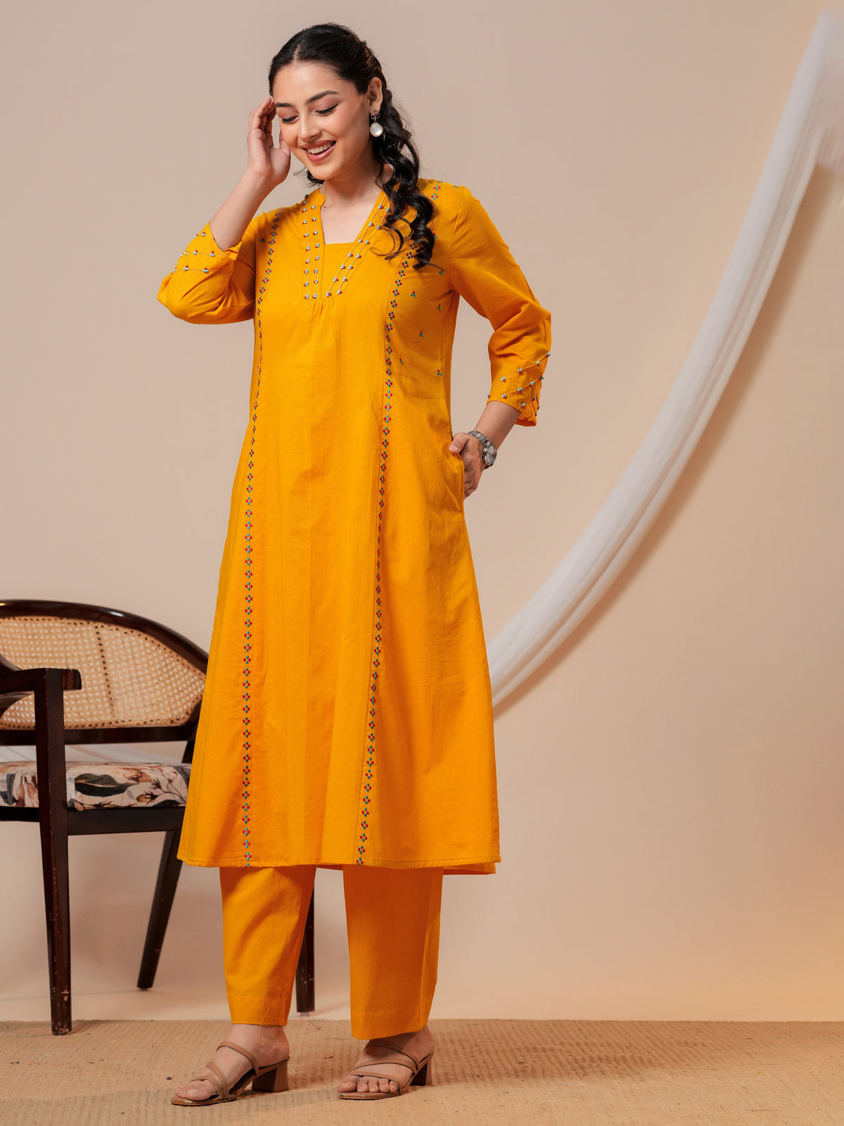 Embroidered Soft cotton Solid Flared Yellow Kurta