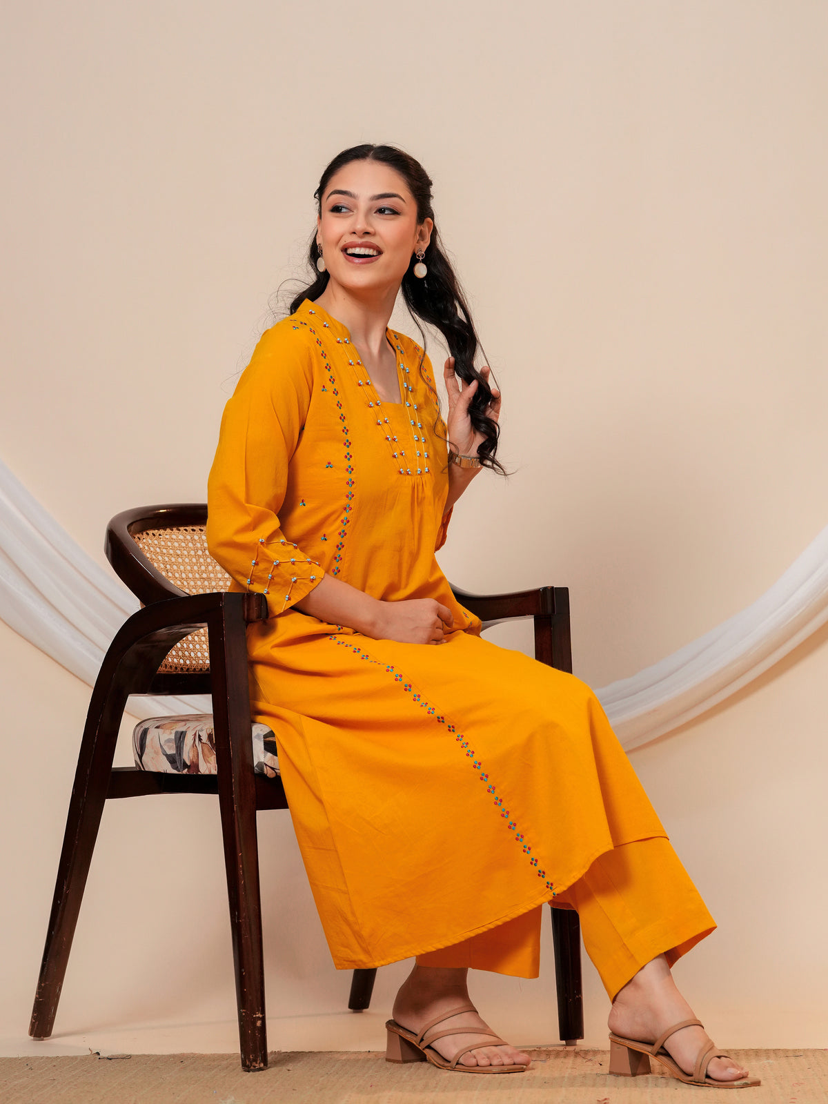 Embroidered Soft cotton Solid Flared Yellow Kurta