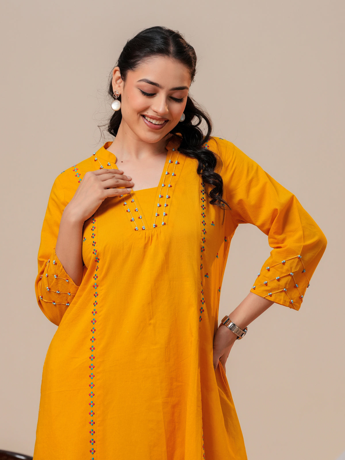 Embroidered Soft cotton Solid Flared Yellow Kurta