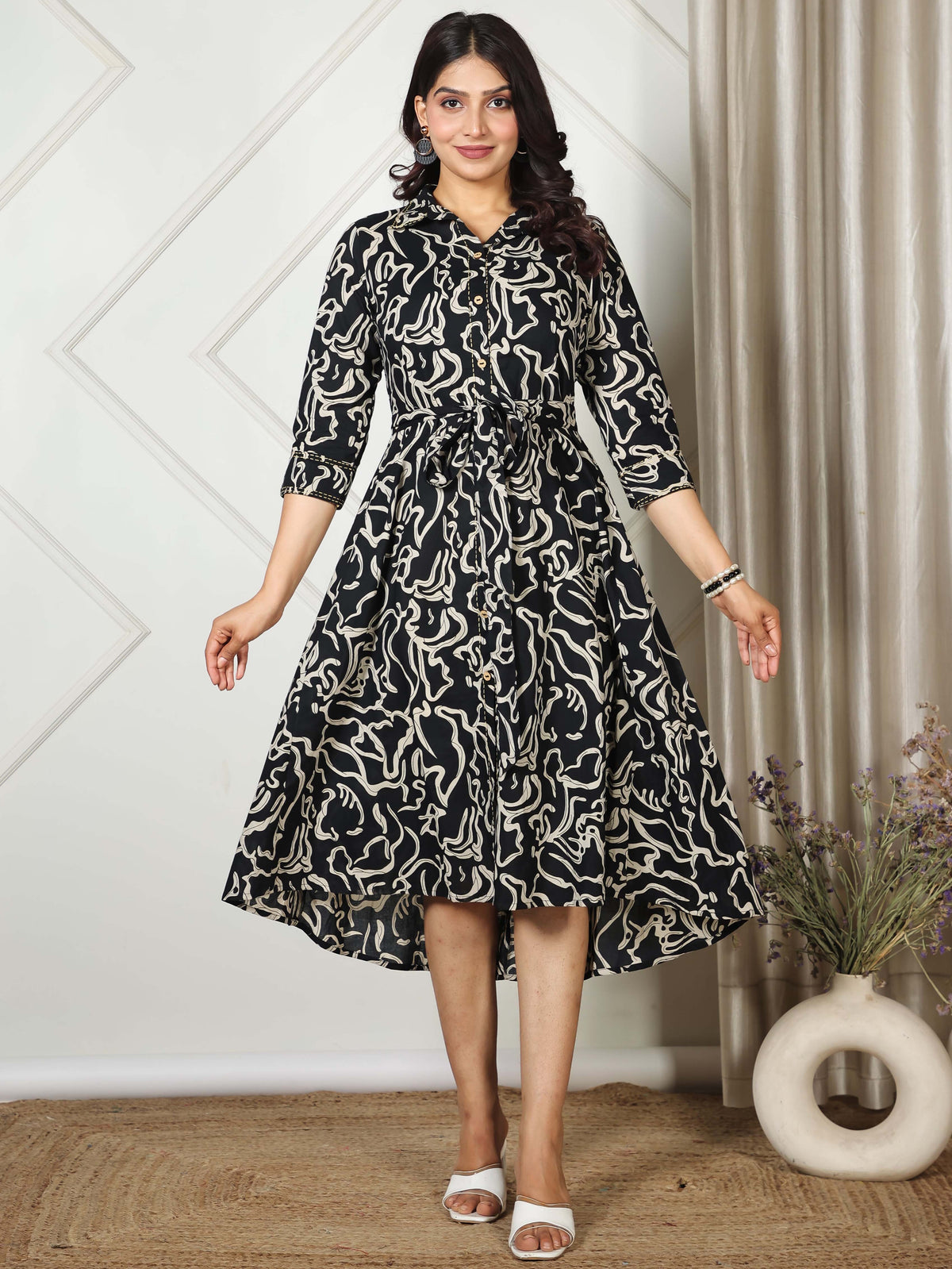 Soft Cotton Abstract A-Line Black Dress