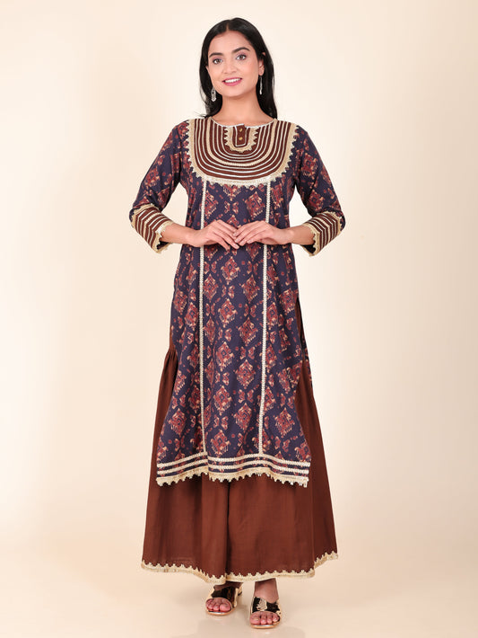 Linen Cotton Ikat Straight navy-blue Kurta