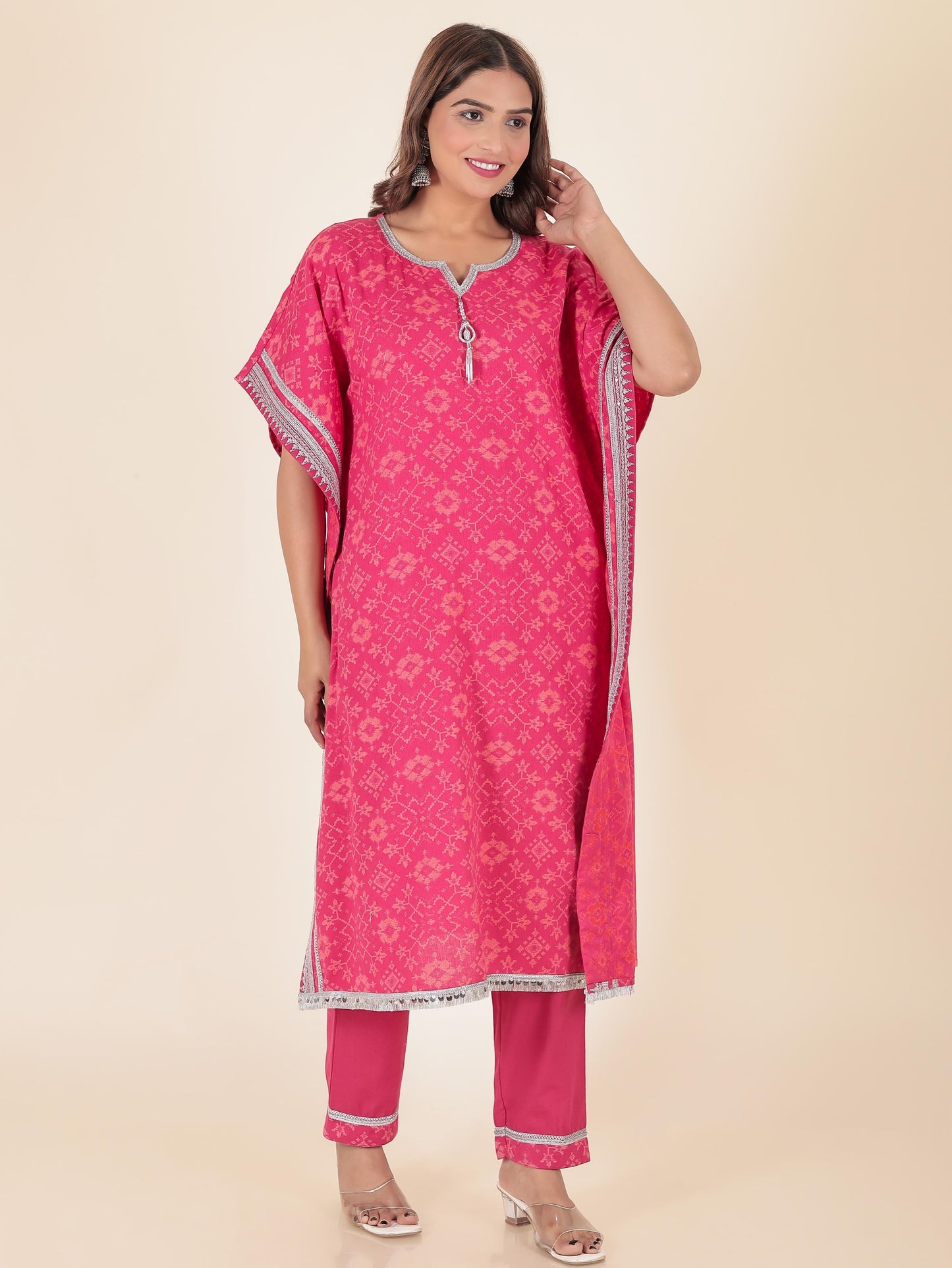Linen Cotton Ikat Kaftan Pink Kurta