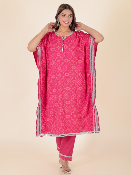 Linen Cotton Ikat Kaftan Pink Kurta