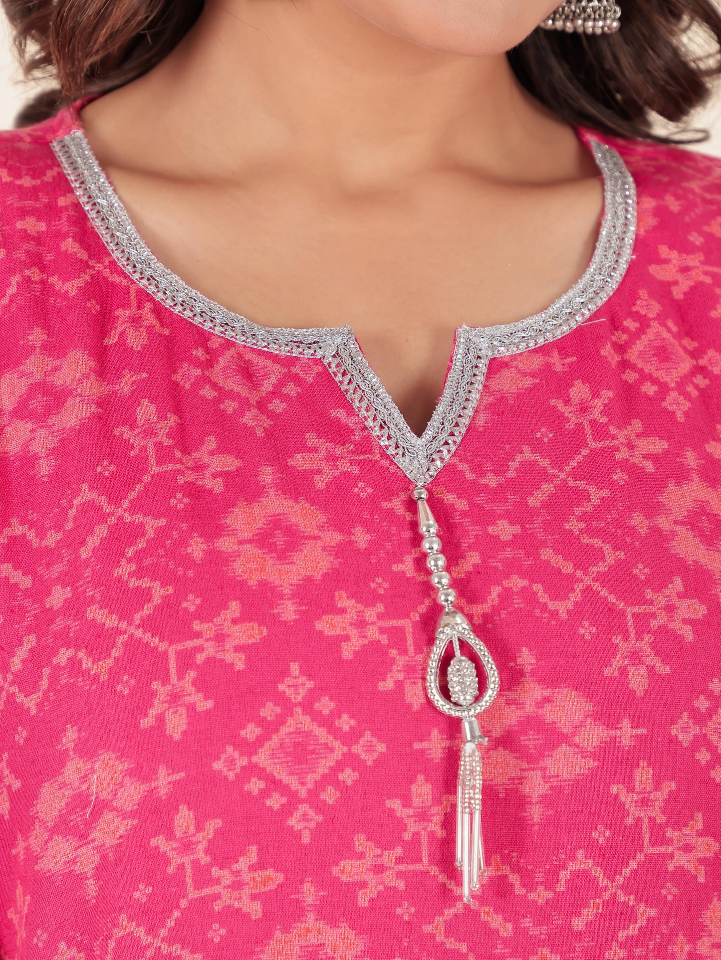 Linen Cotton Ikat Kaftan Pink Kurta