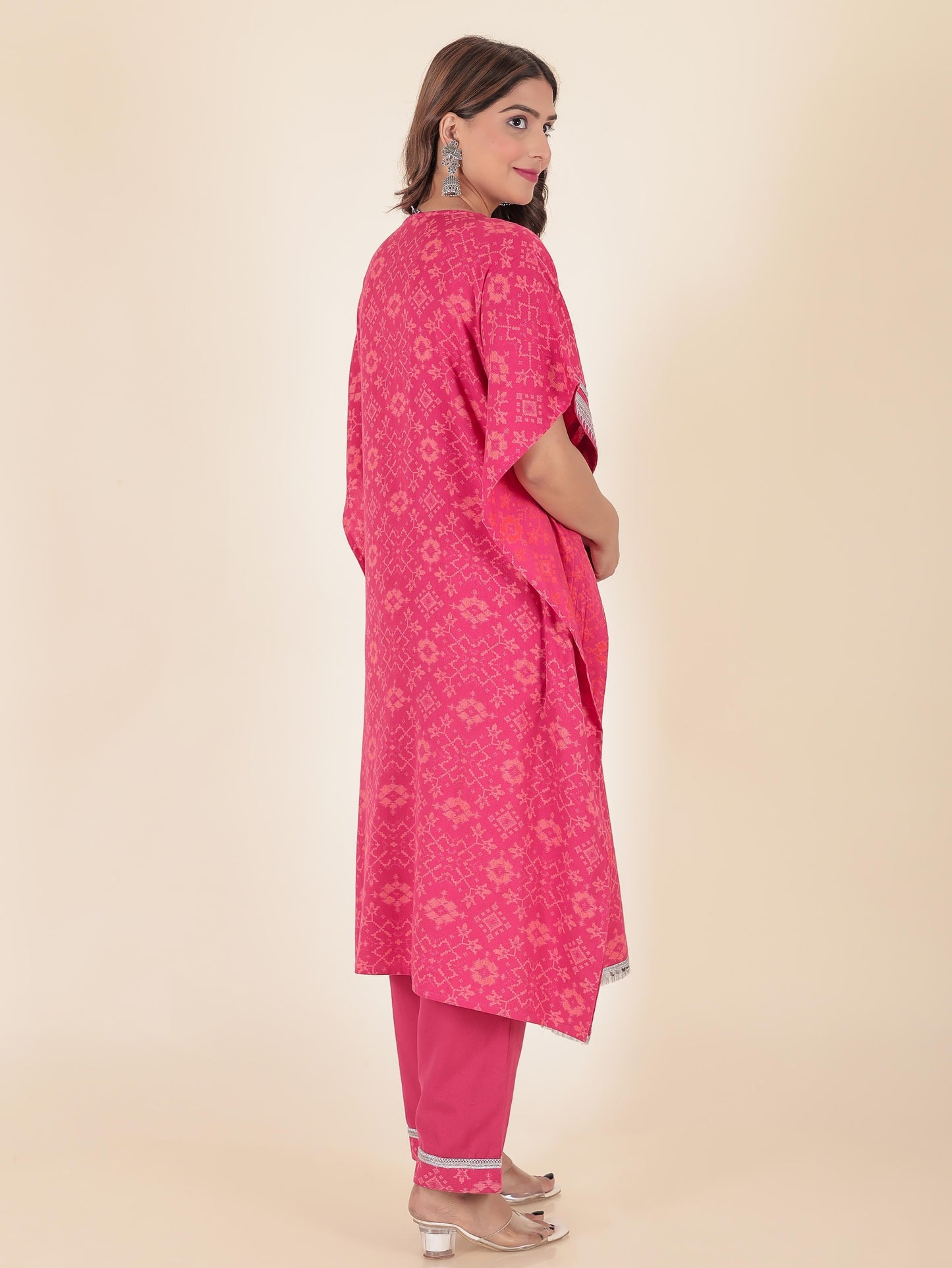 Linen Cotton Ikat Kaftan Pink Kurta