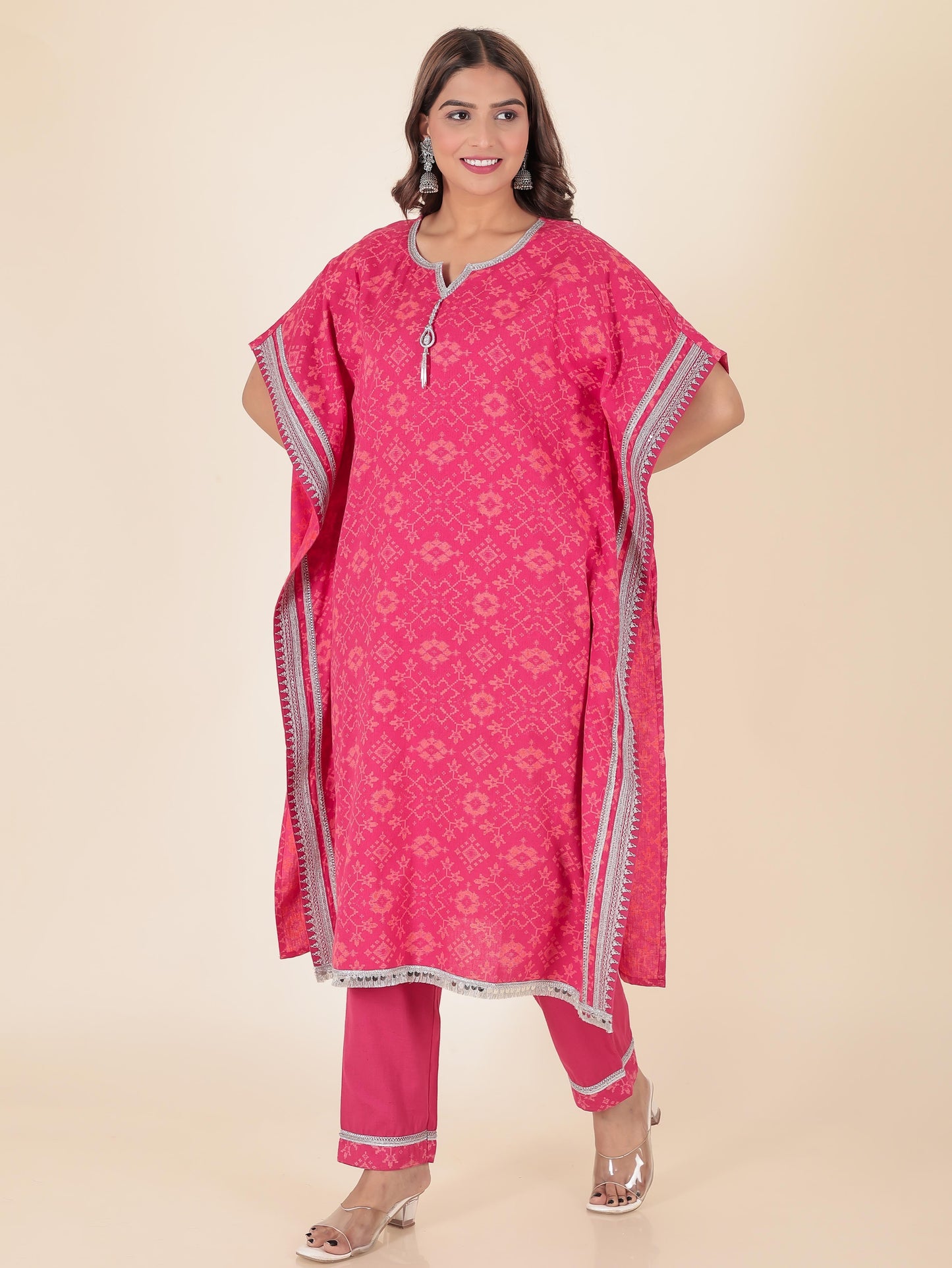 Linen Cotton Ikat Kaftan Pink Kurta