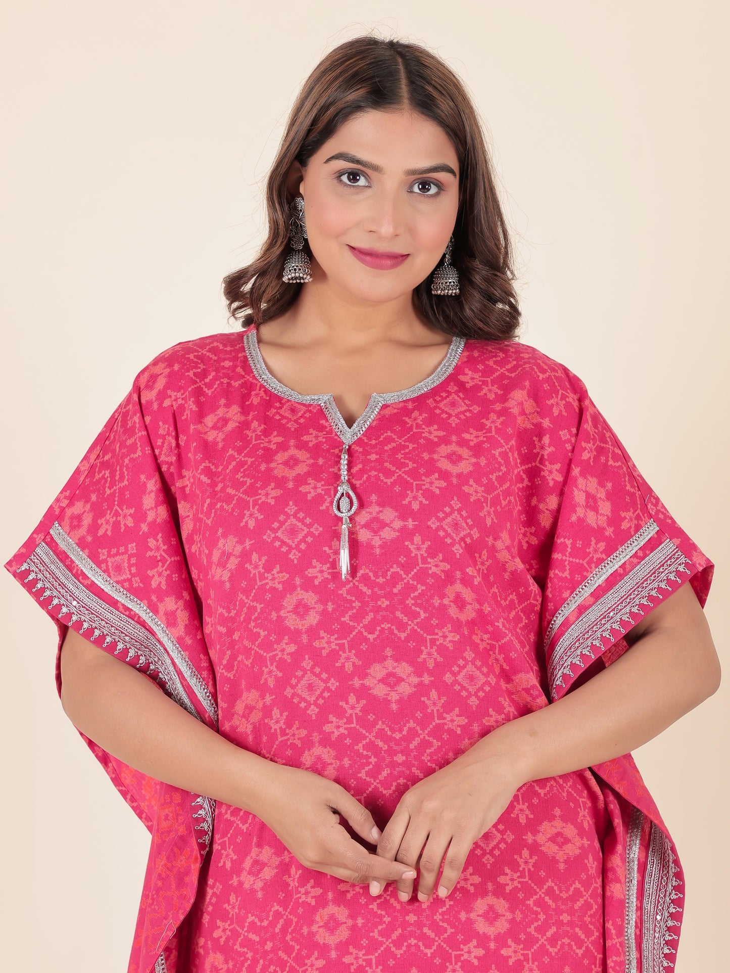 Linen Cotton Ikat Kaftan Pink Kurta