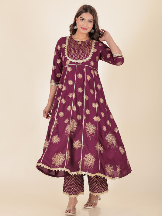 Viscose Gold foil Anarkali Purple Kurta