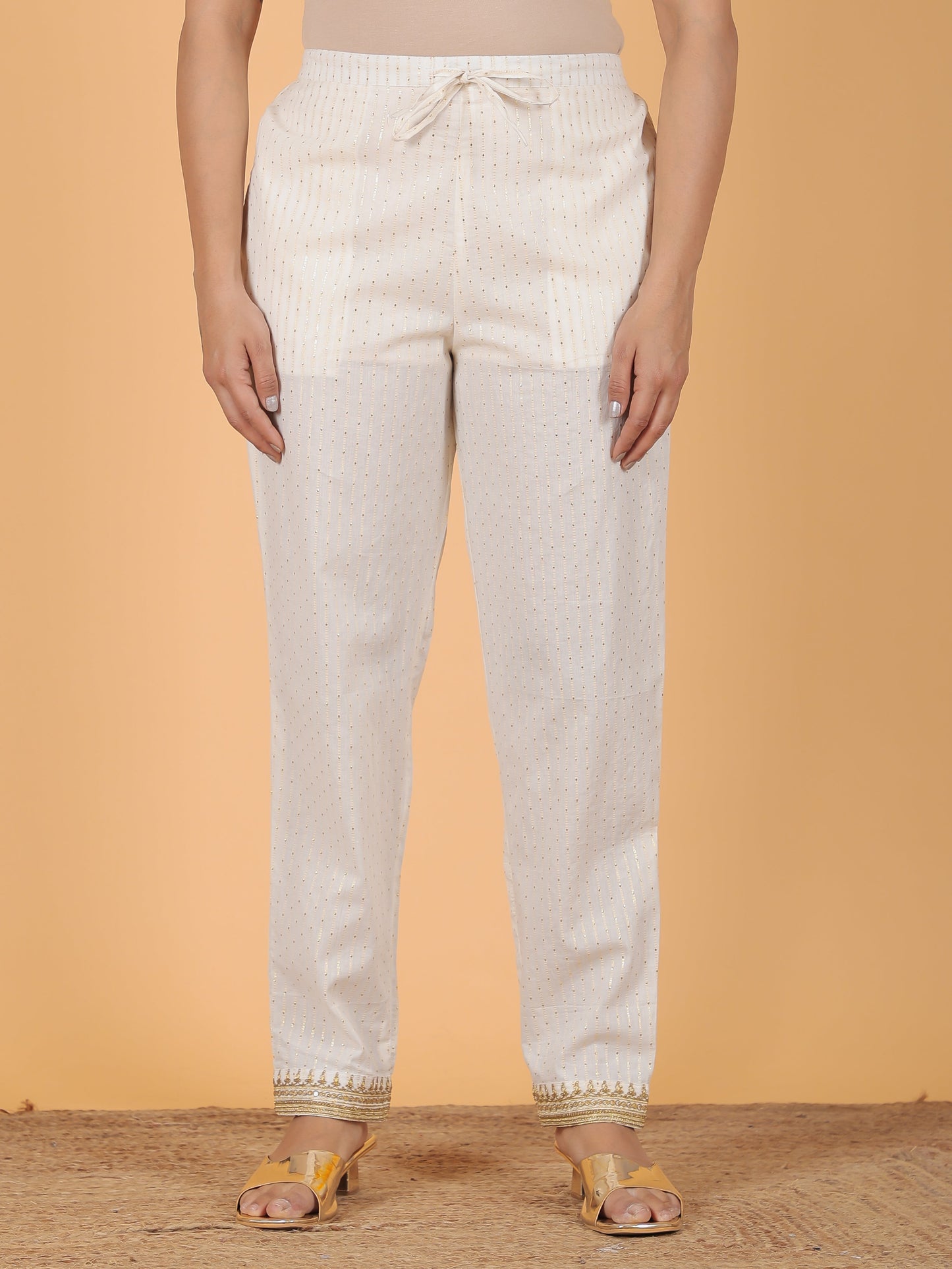 Embroidered Lurex Cotton Solid White Tapered Trousers