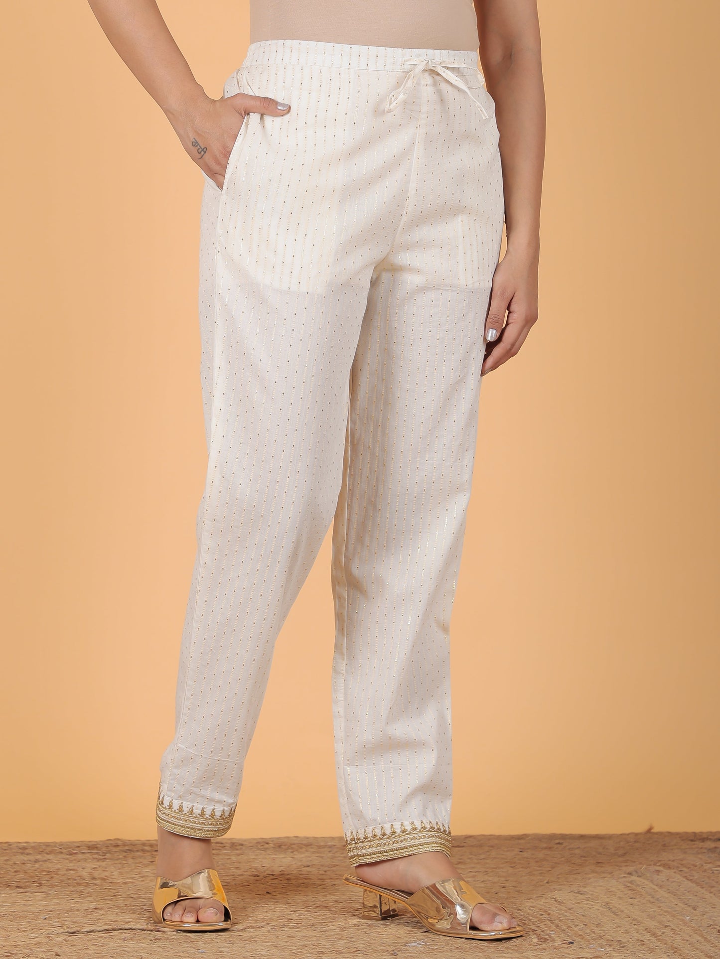 Embroidered Lurex Cotton Solid White Tapered Trousers