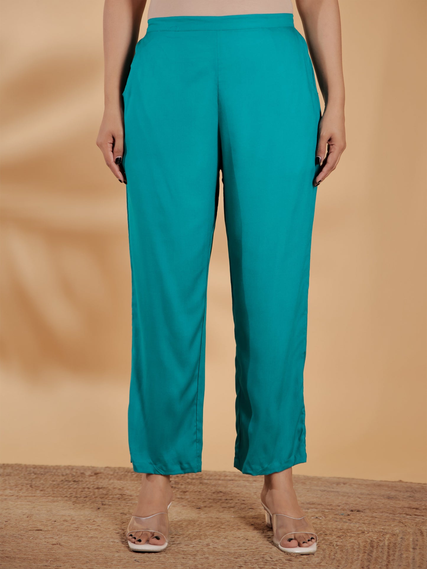 Viscose Solid Turquoise Straight Trousers