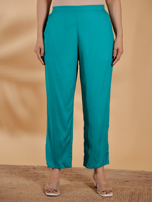 Viscose Solid Turquoise Straight Trousers