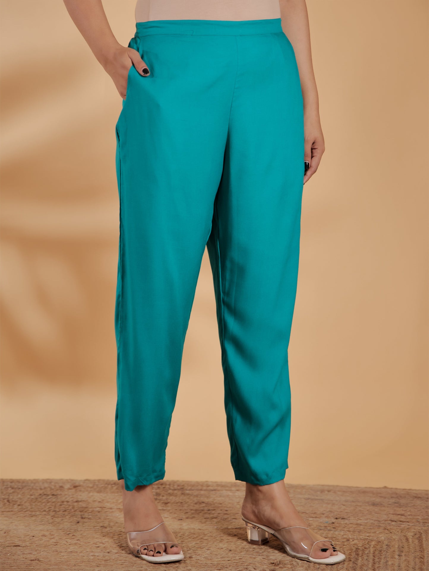 Viscose Solid Turquoise Straight Trousers