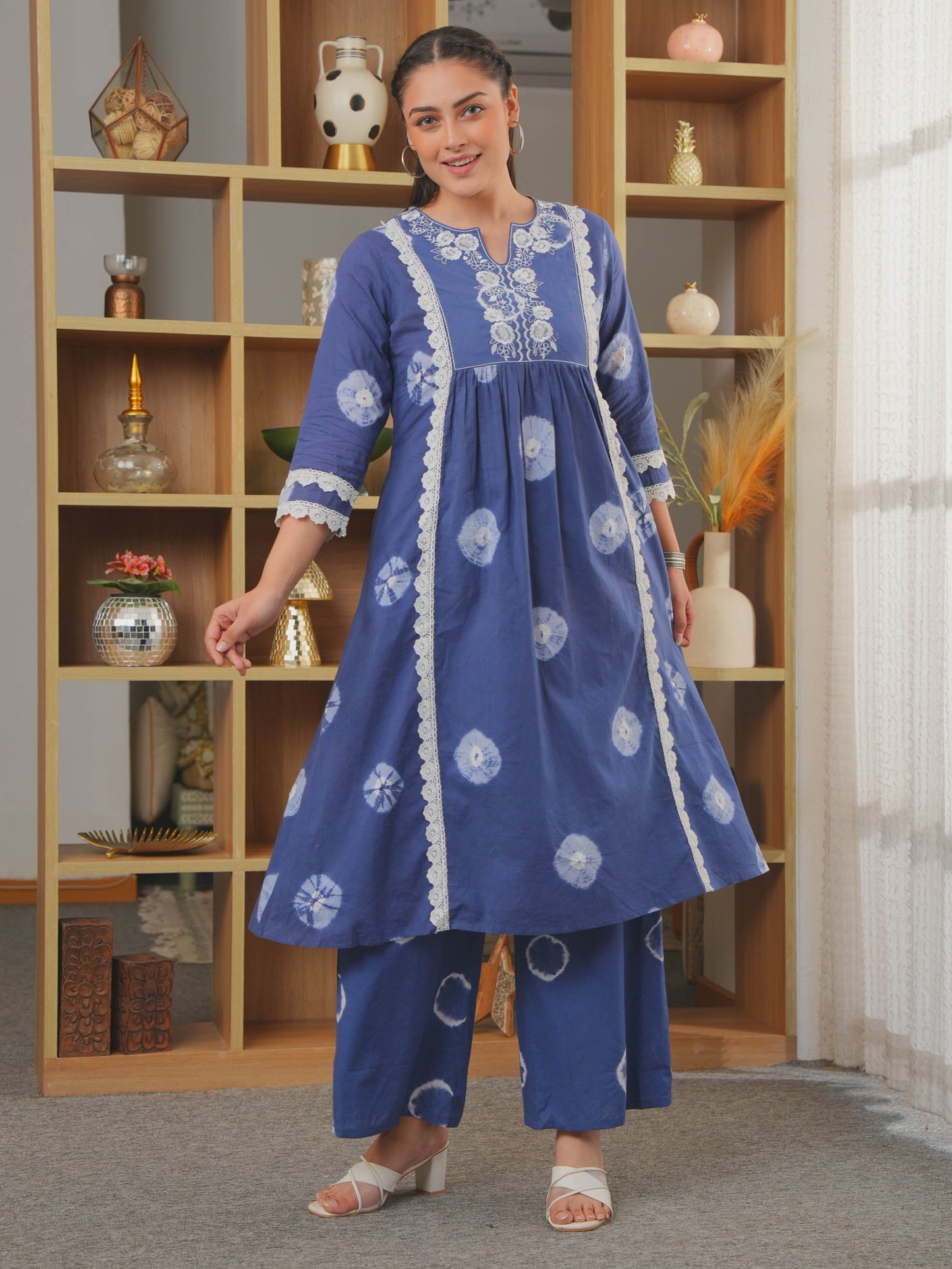 Embroidered Soft Cotton Tie-Dye Panelled Blue Kurta