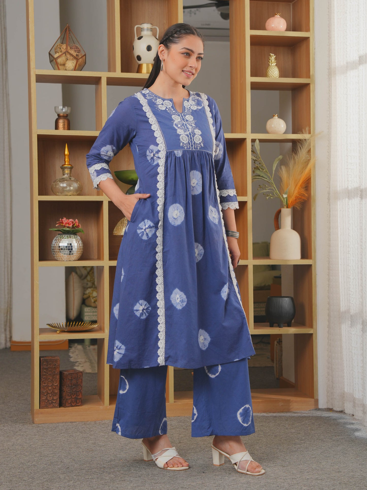 Embroidered Soft Cotton Tie-Dye Panelled Blue Kurta