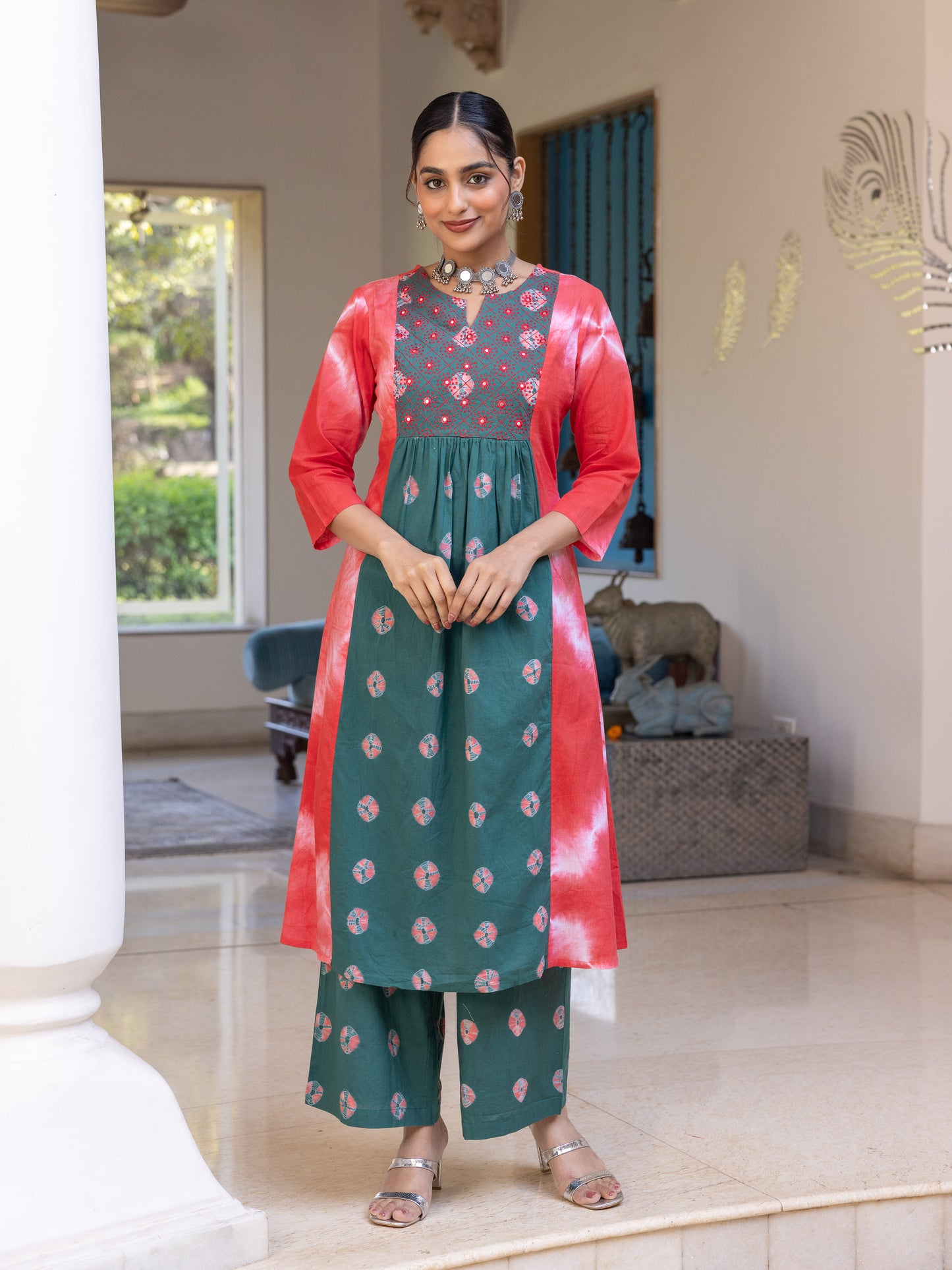 Soft Cotton Tie-Dye Panelled Red Kurta