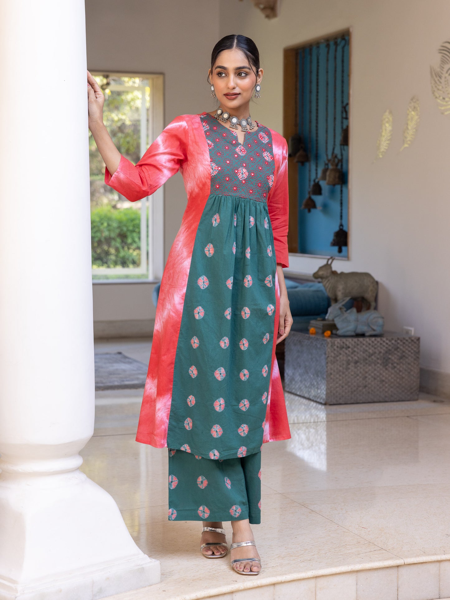 Soft Cotton Tie-Dye Panelled Red Kurta