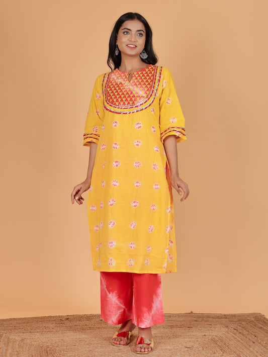 Soft Cotton Tie-Dye Straight Yellow Kurta