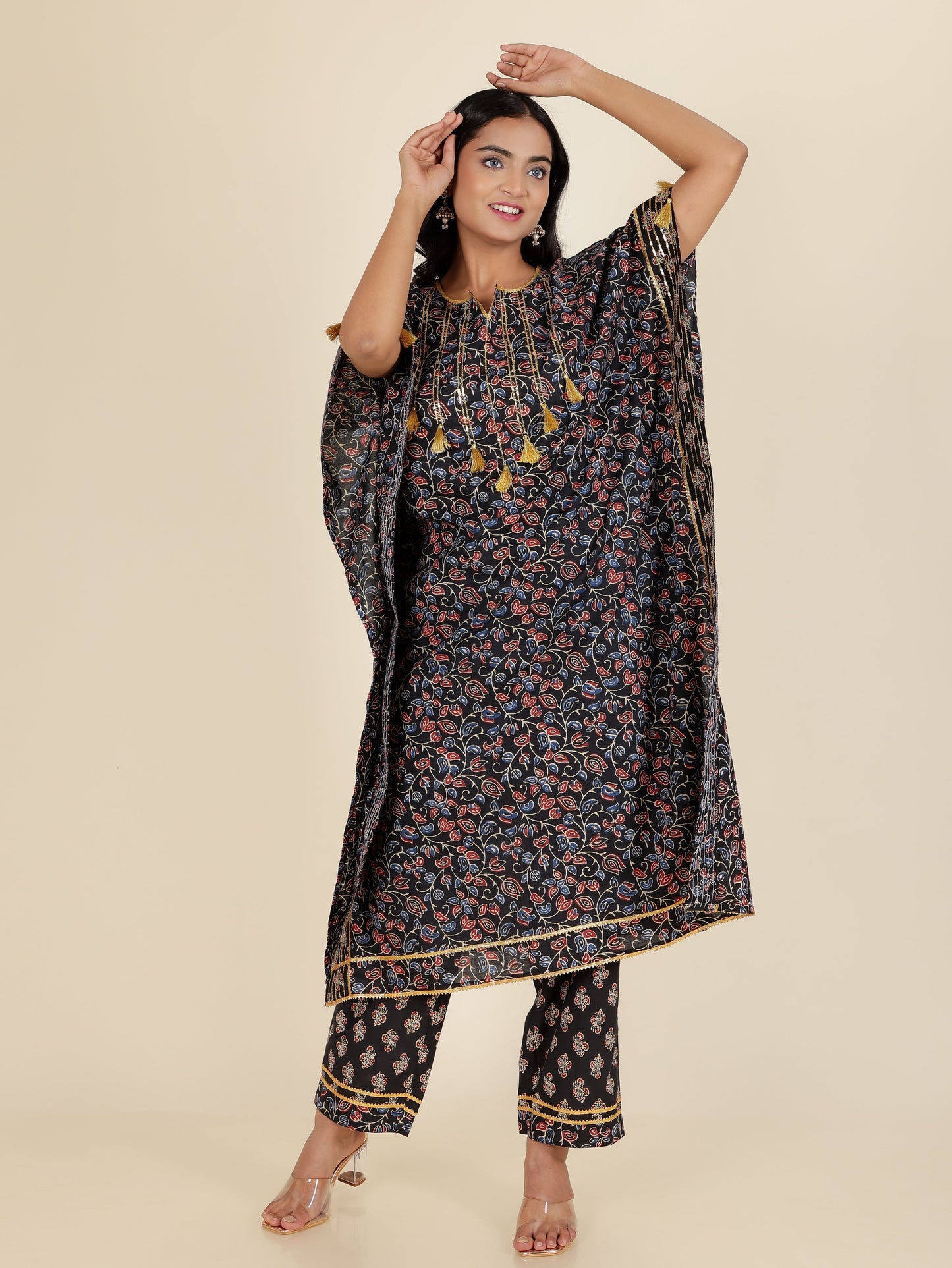 Soft Cotton Floral Kaftan Black Kurta