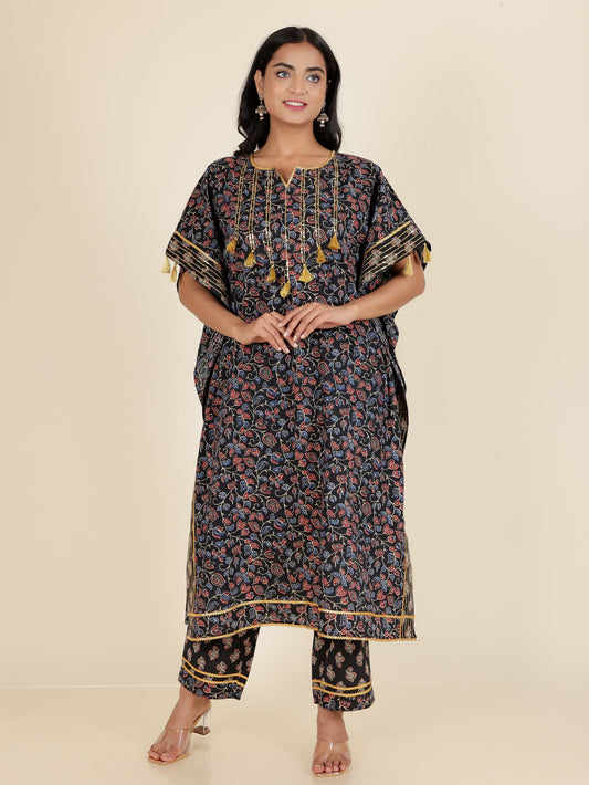 Soft Cotton Floral Kaftan Black Kurta