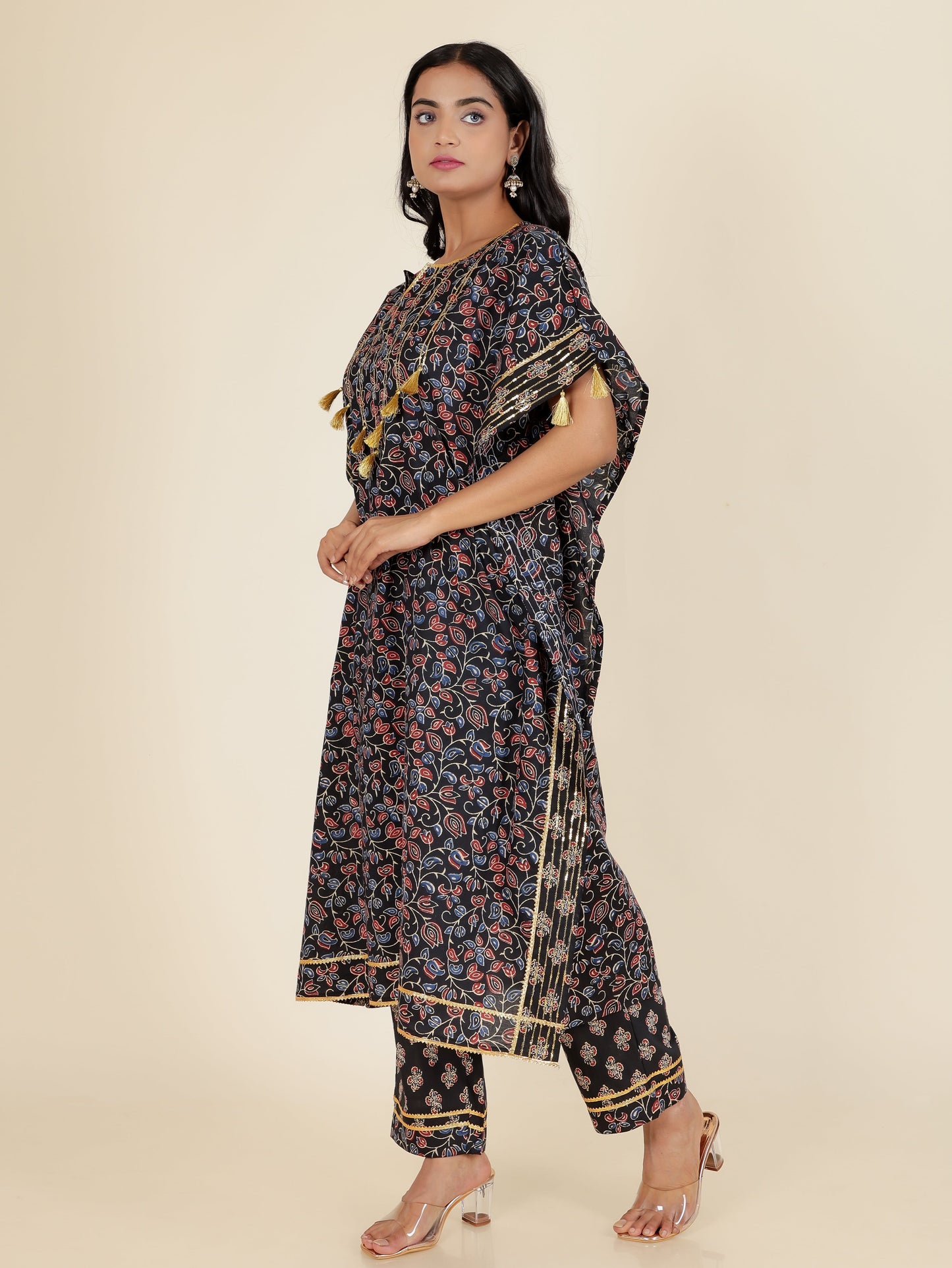 Soft Cotton Floral Kaftan Black Kurta