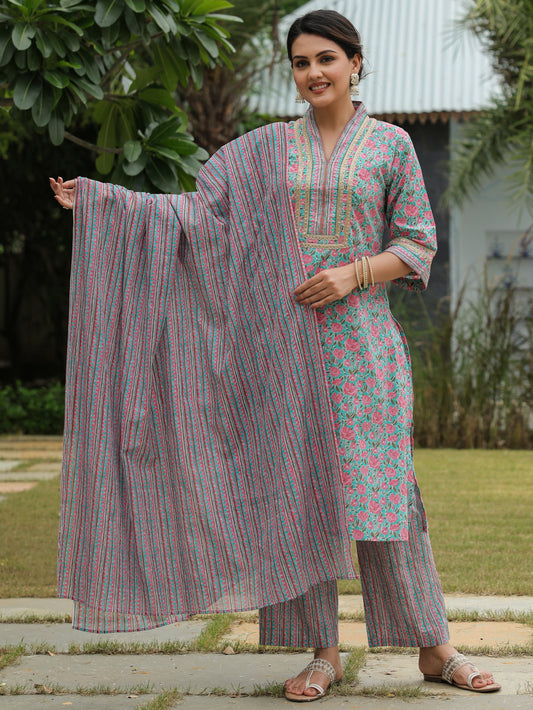 Voile Cotton Striped Green Dupatta
