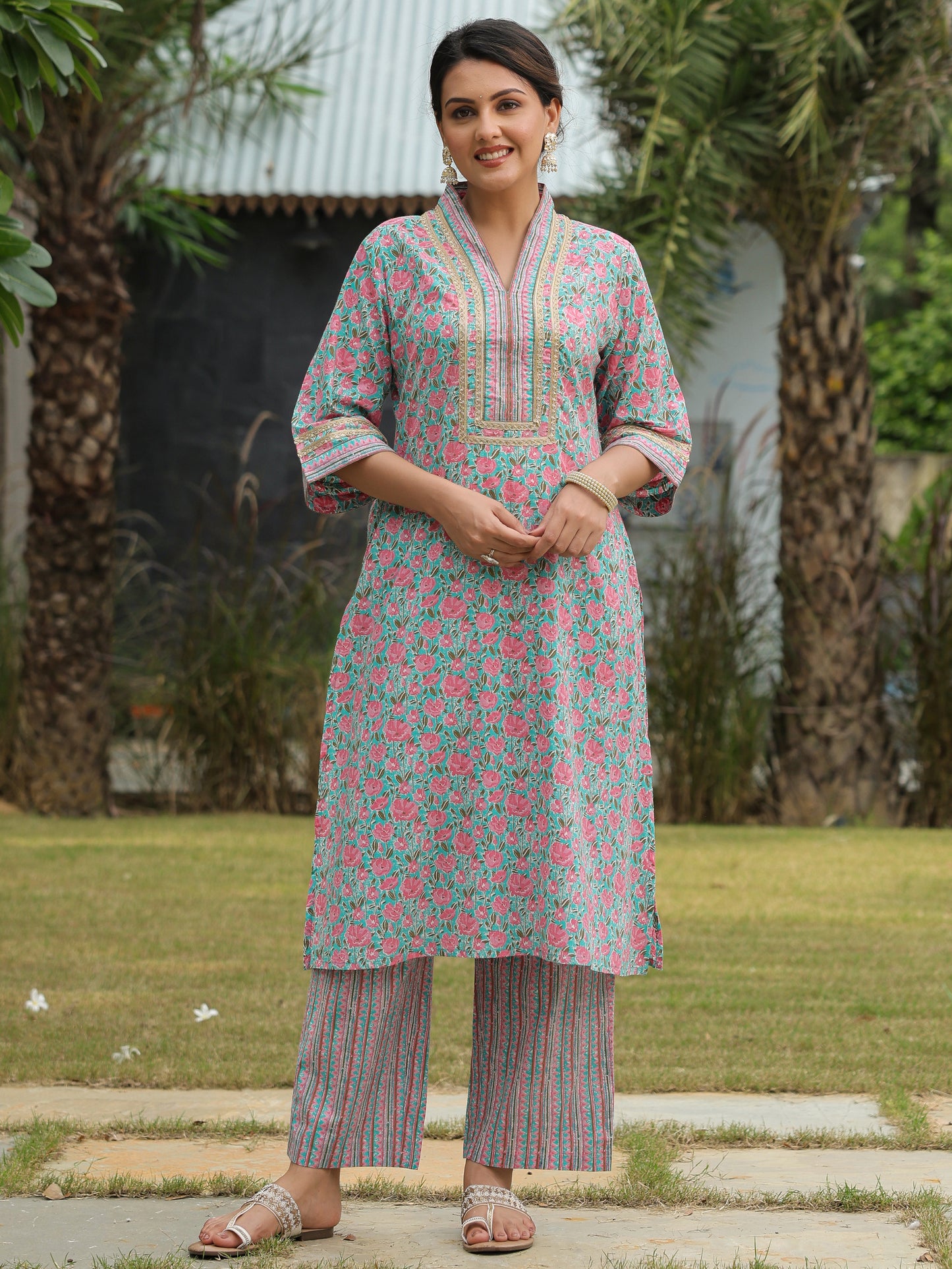 Embroidered Soft Cotton Floral A-line Multicolor Kurta