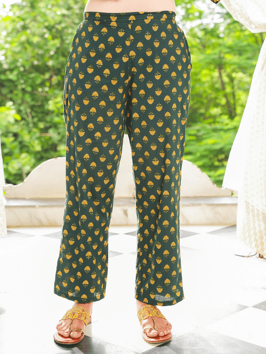 Soft Cotton Floral Green Straight Trousers
