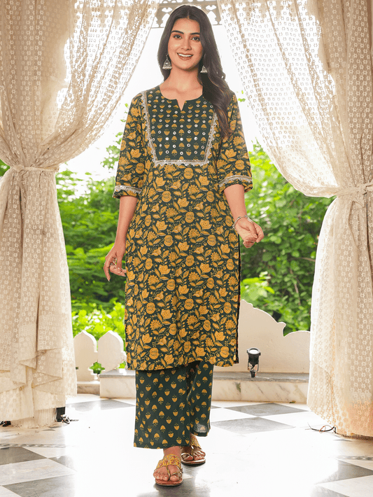 Soft Cotton Floral Straight Green Kurta
