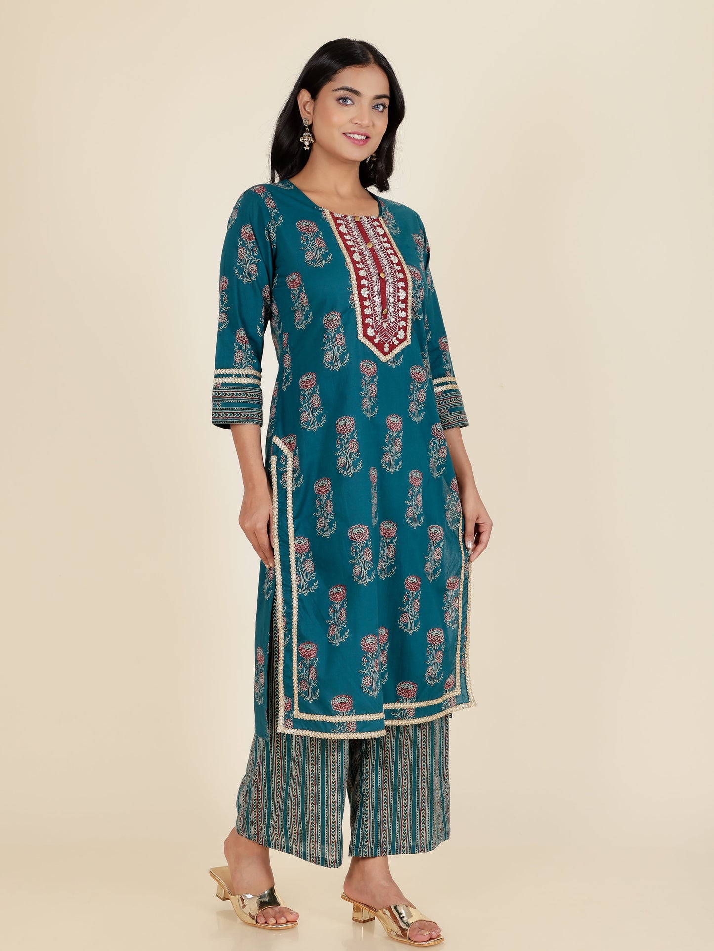 Soft Cotton Block Straight Blue Kurta