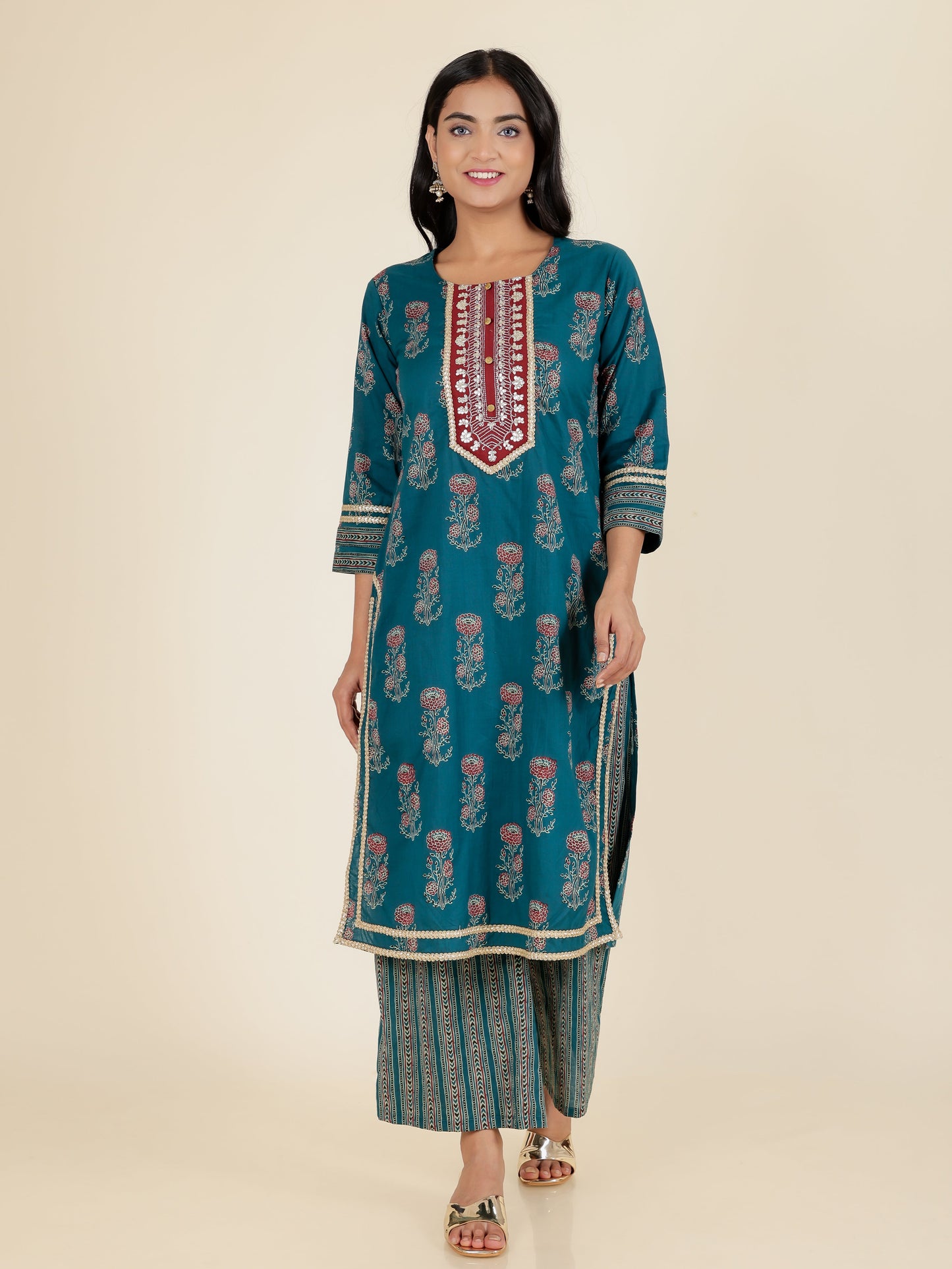 Soft Cotton Block Straight Blue Kurta