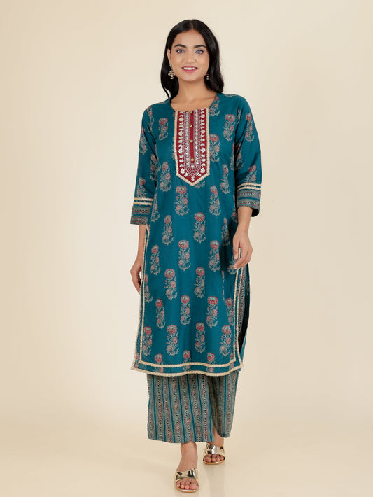 Soft Cotton Block Straight Blue Kurta
