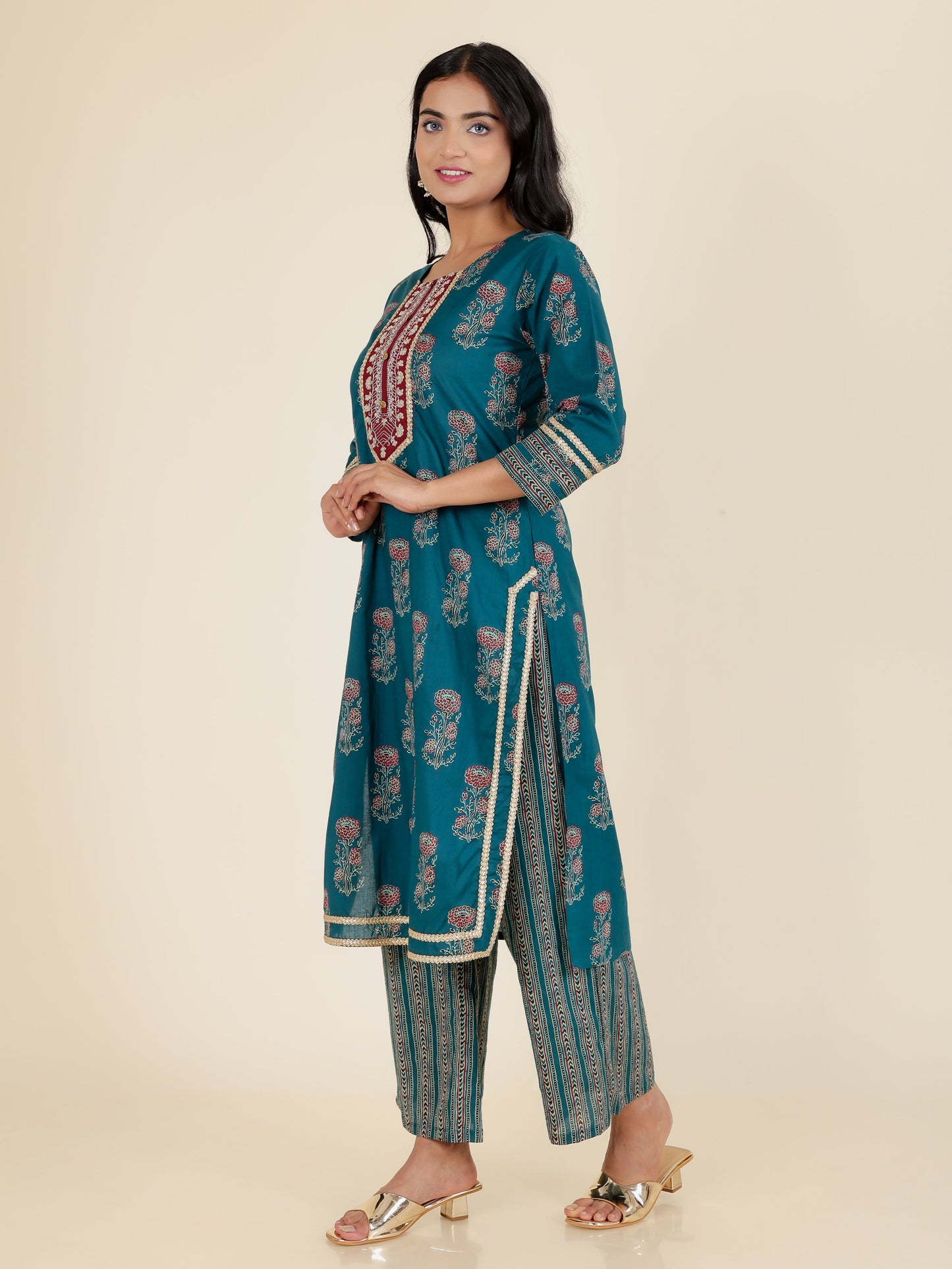 Soft Cotton Block Straight Blue Kurta
