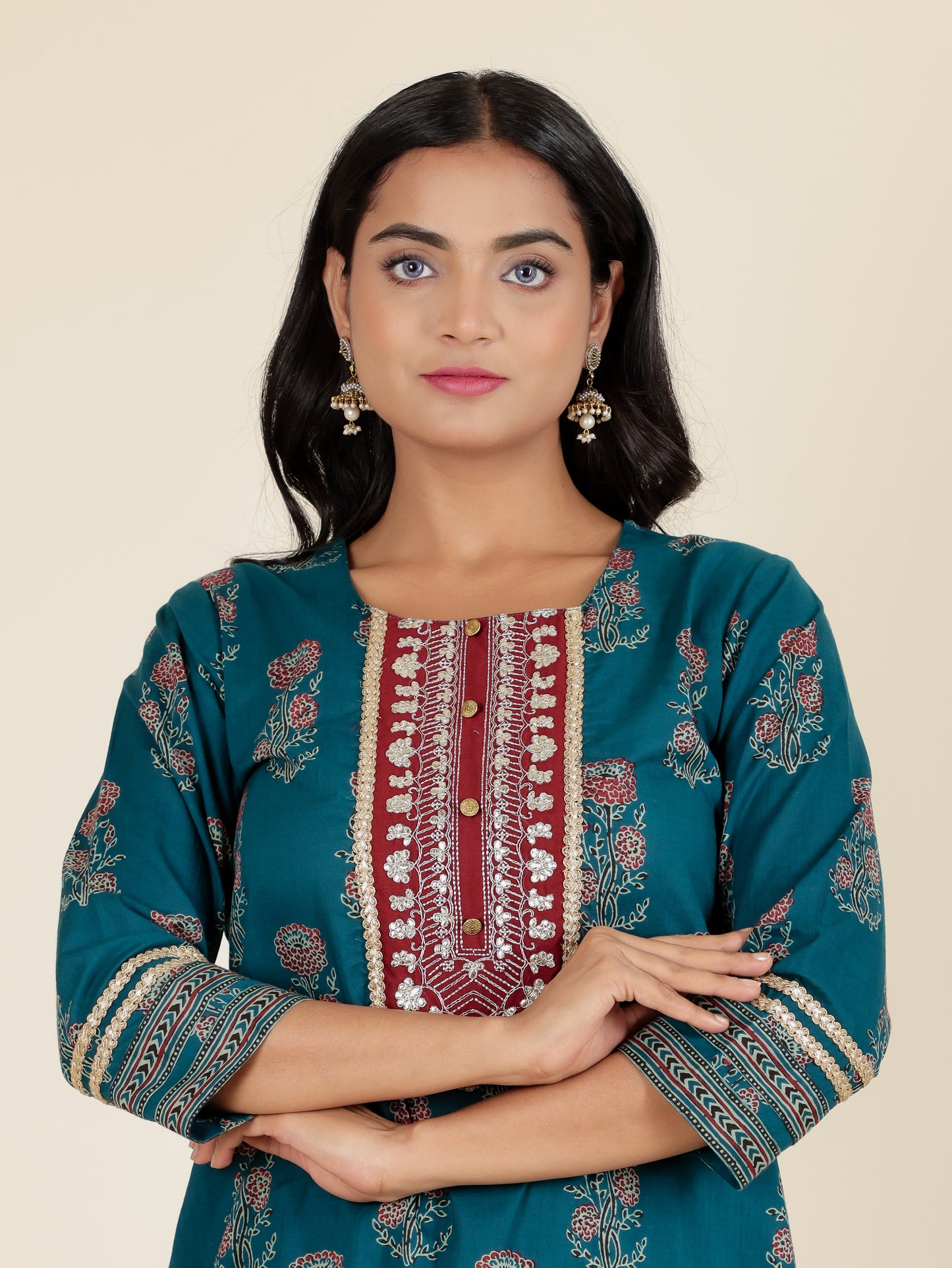 Soft Cotton Block Straight Blue Kurta