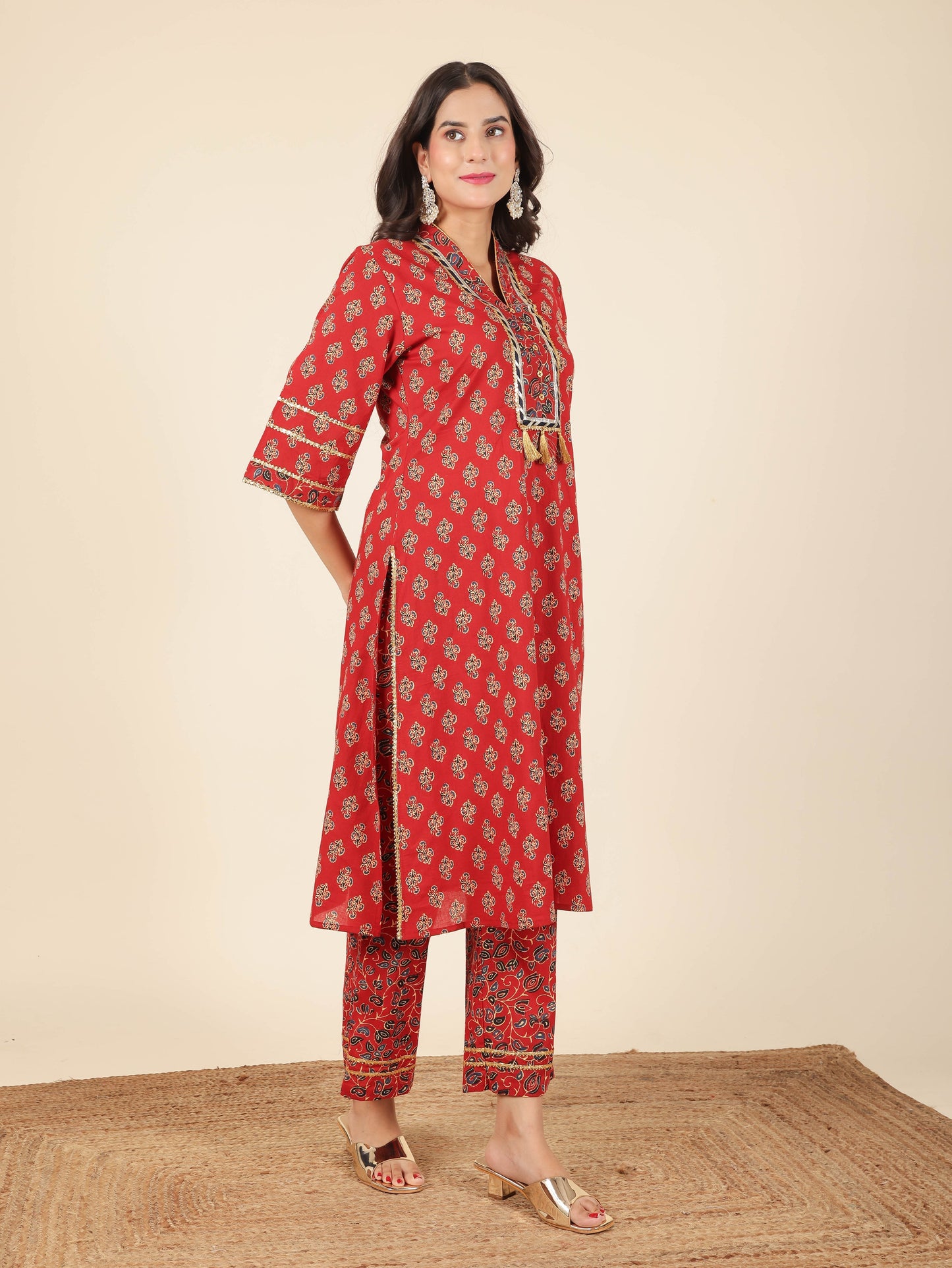 Soft Cotton Floral Straight Red Kurta