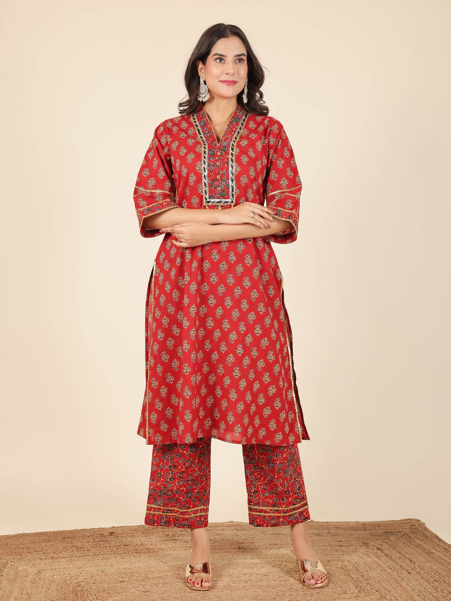 Soft Cotton Floral Straight Red Kurta