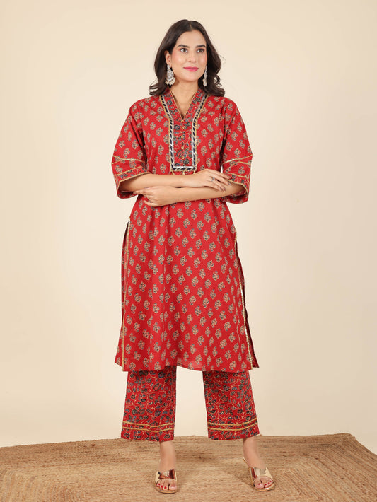 Soft Cotton Floral Straight Red Kurta
